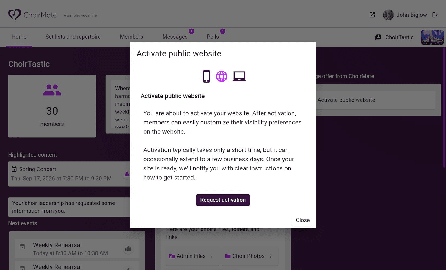 The public website activation request in ChoirMate on the web