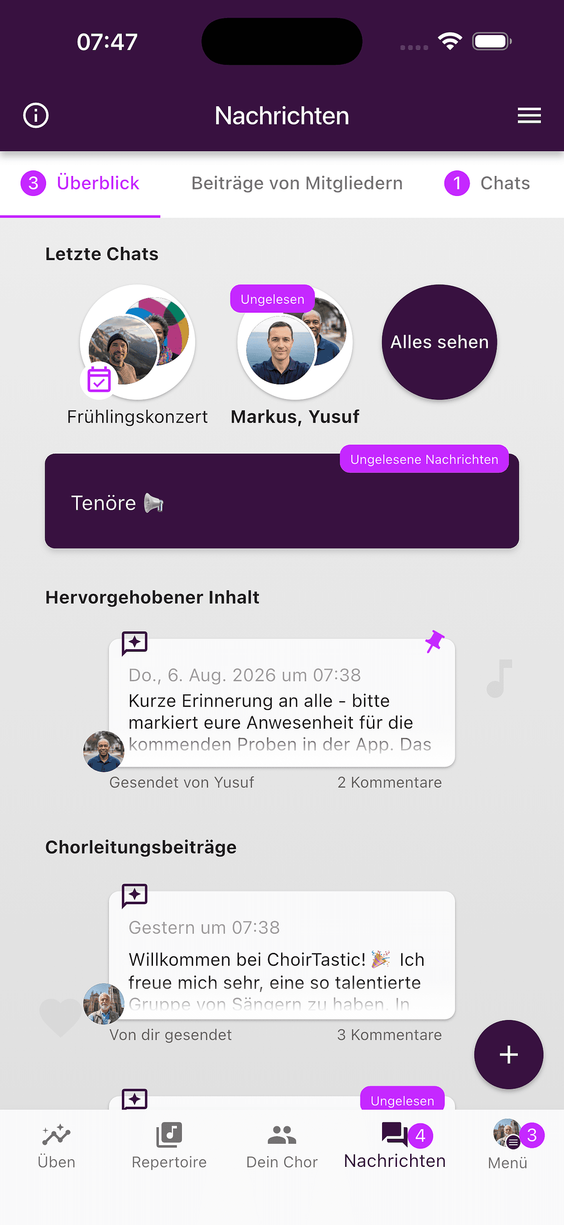 Nachrichtenüberblick in der ChoirMate-App