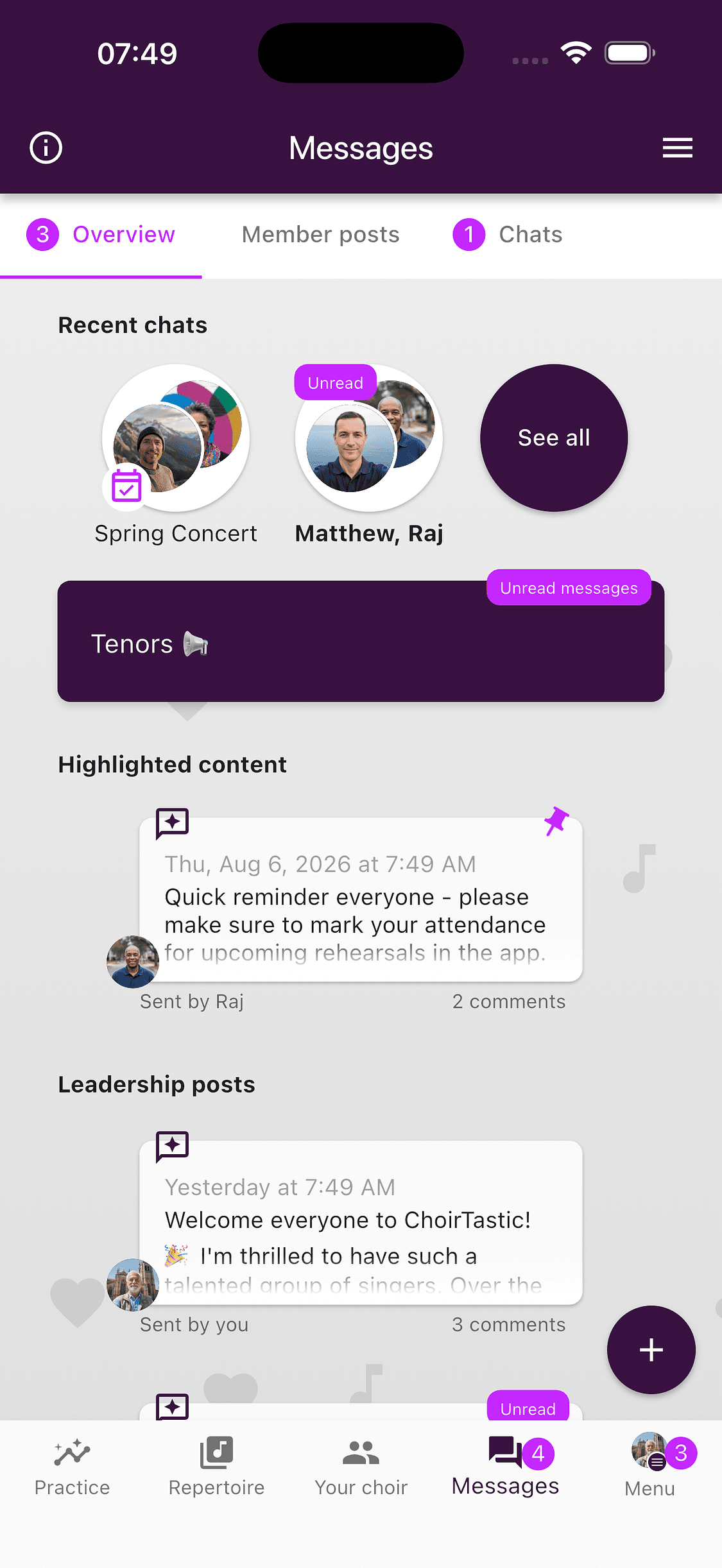 Messages overview in the ChoirMate app