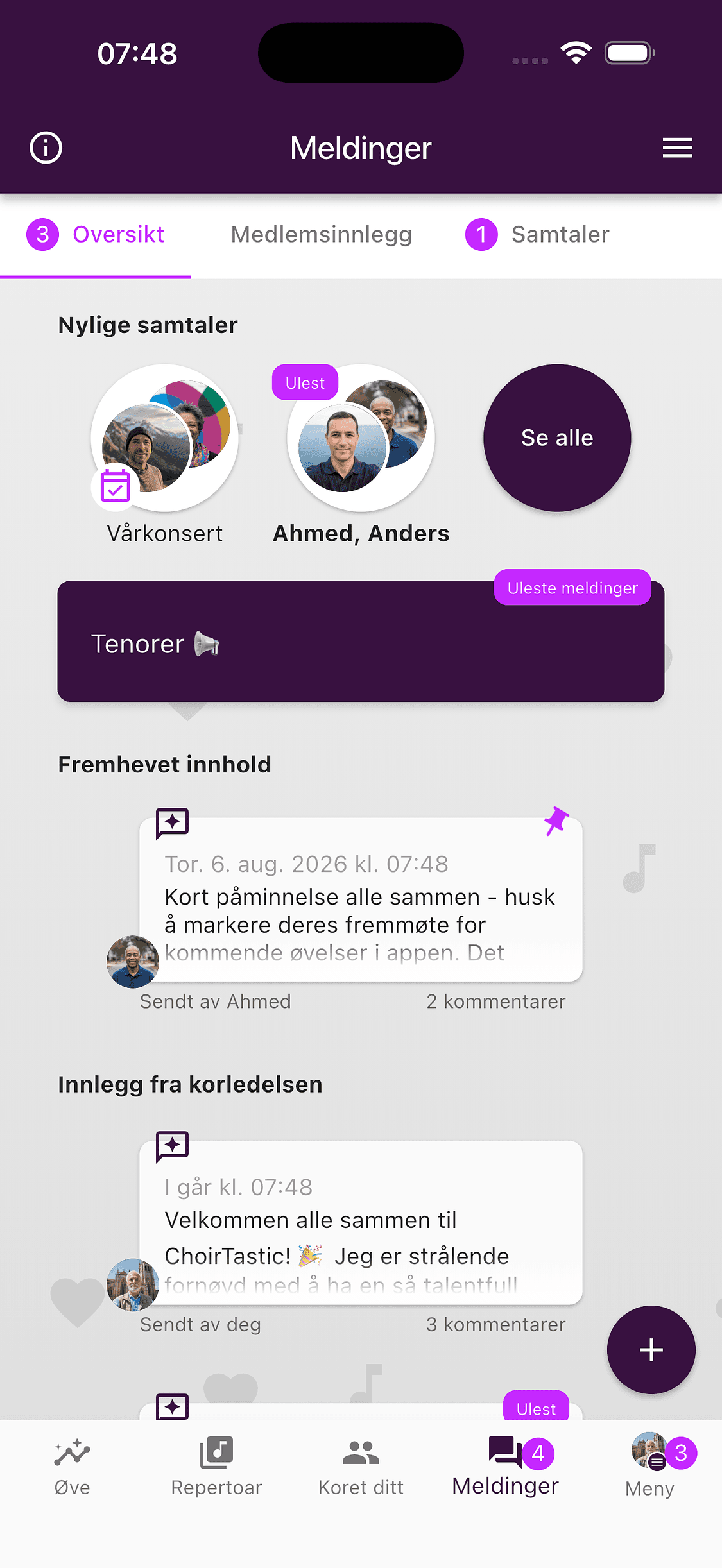 Meldingsoversikten i ChoirMate-appen