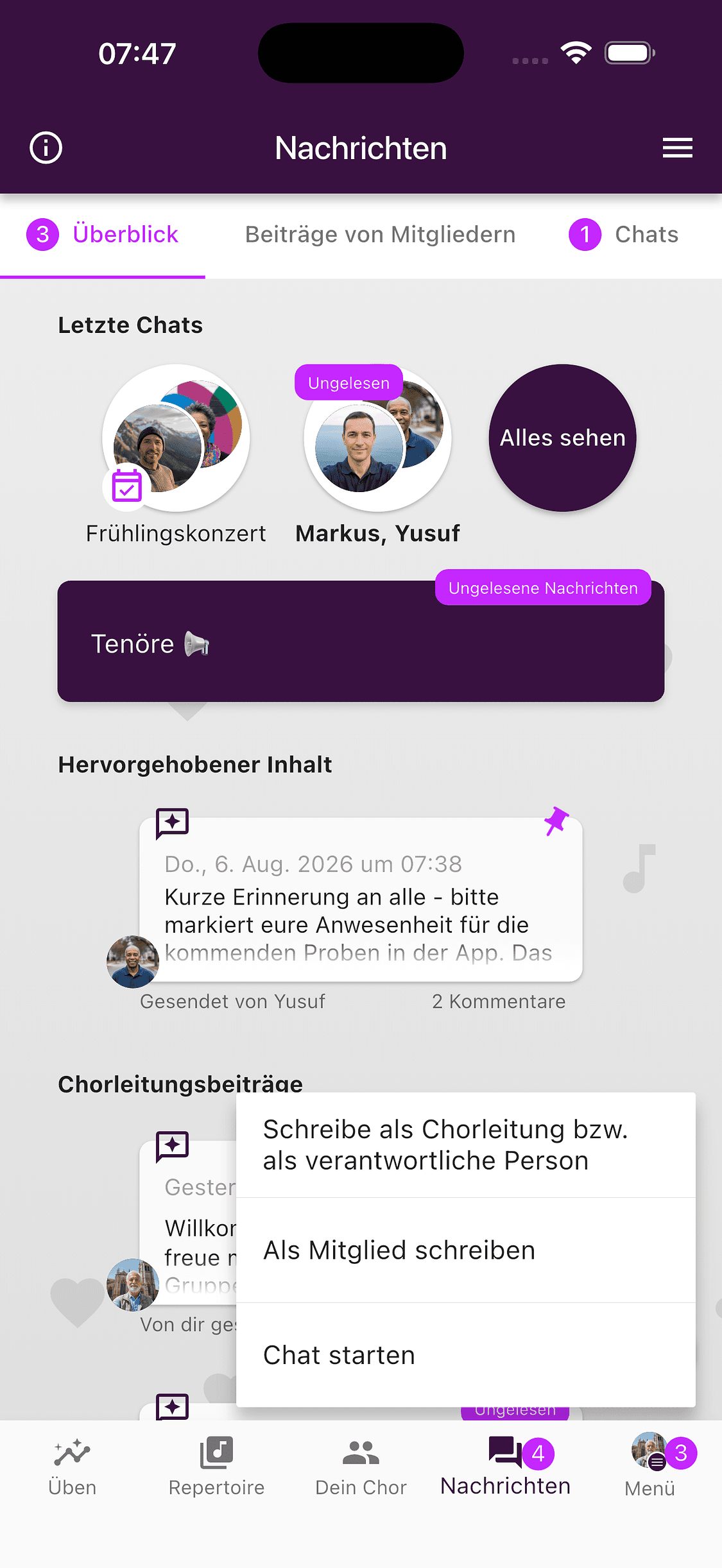 Menü zum Erstellen eines Beitrags oder Chats in der ChoirMate-App