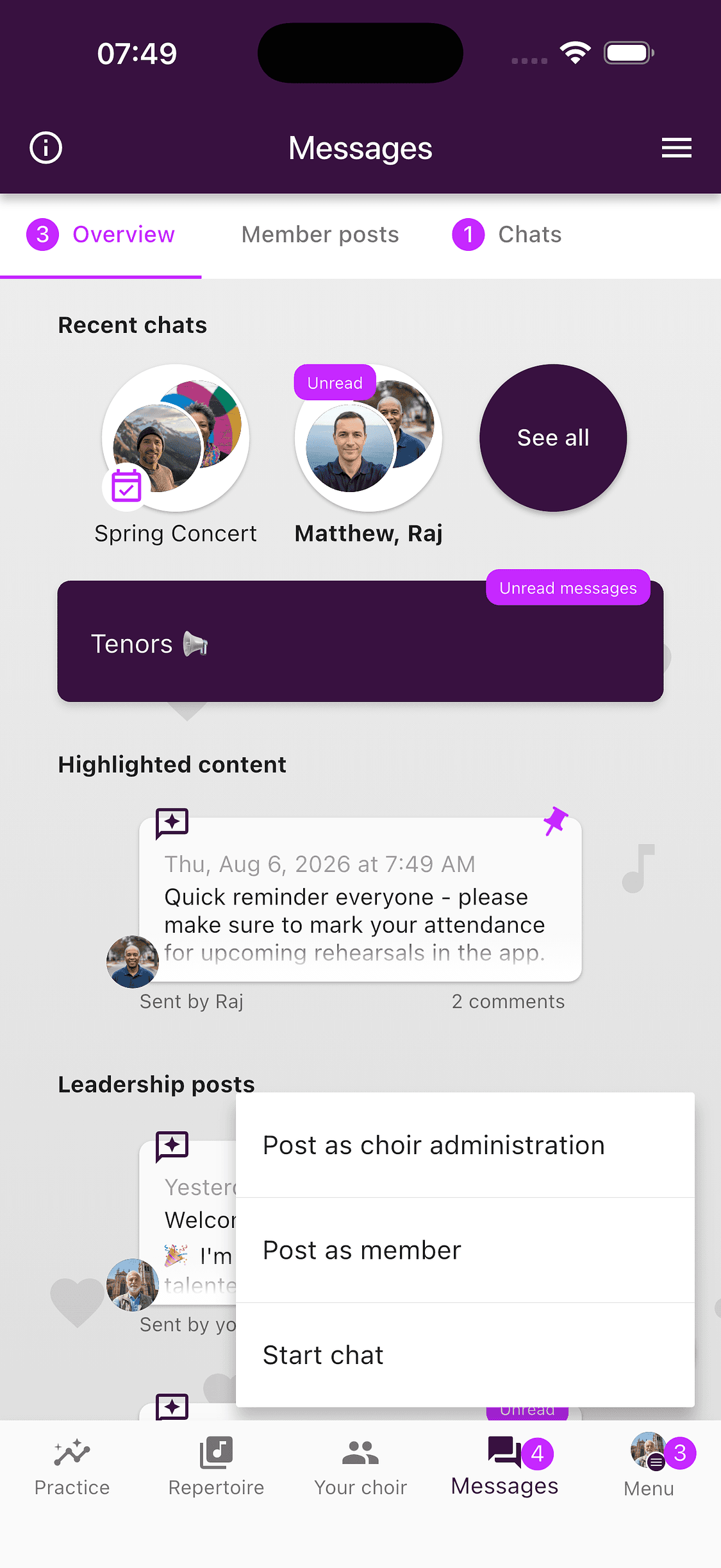 Menu for starting a post or chat in the ChoirMate app