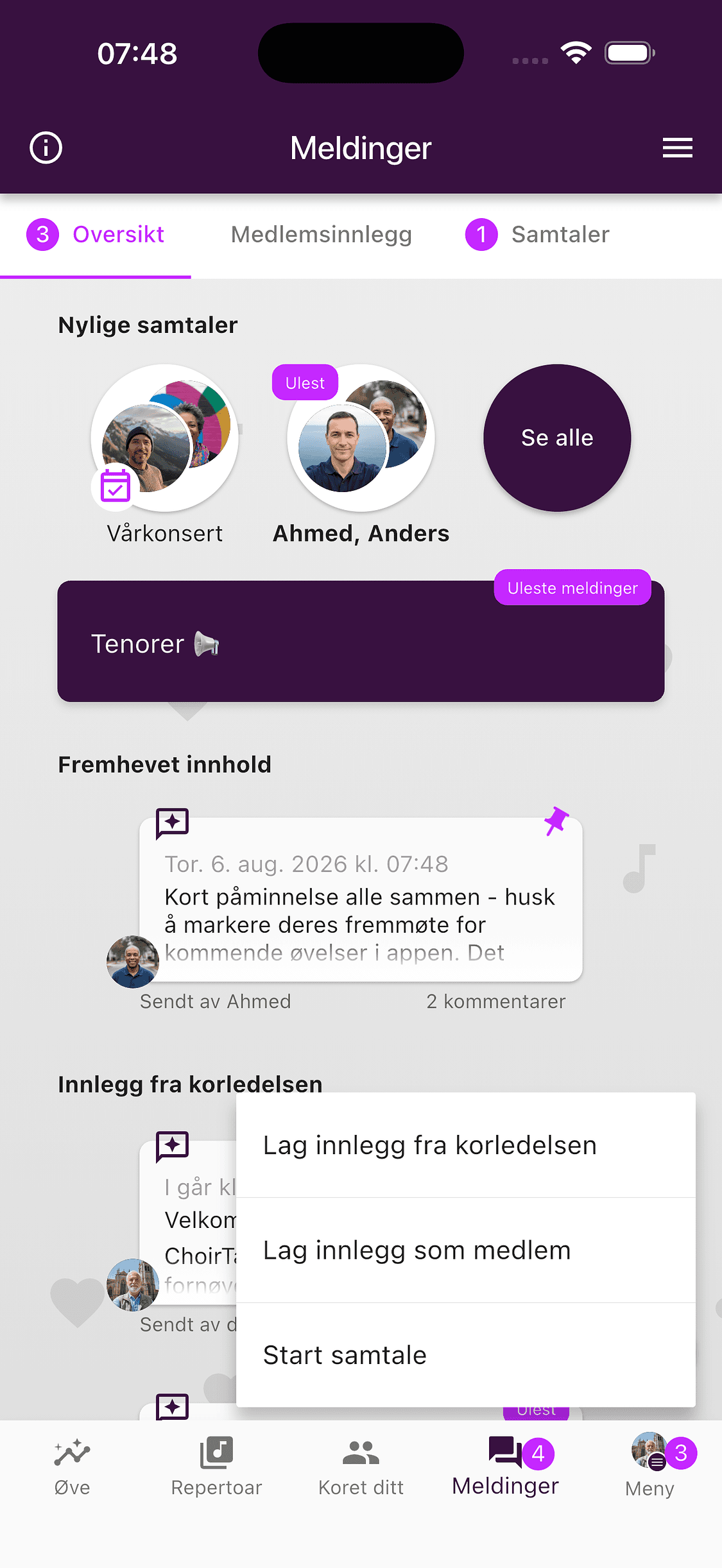 Meny for å starte et innlegg eller en samtale i ChoirMate-appen
