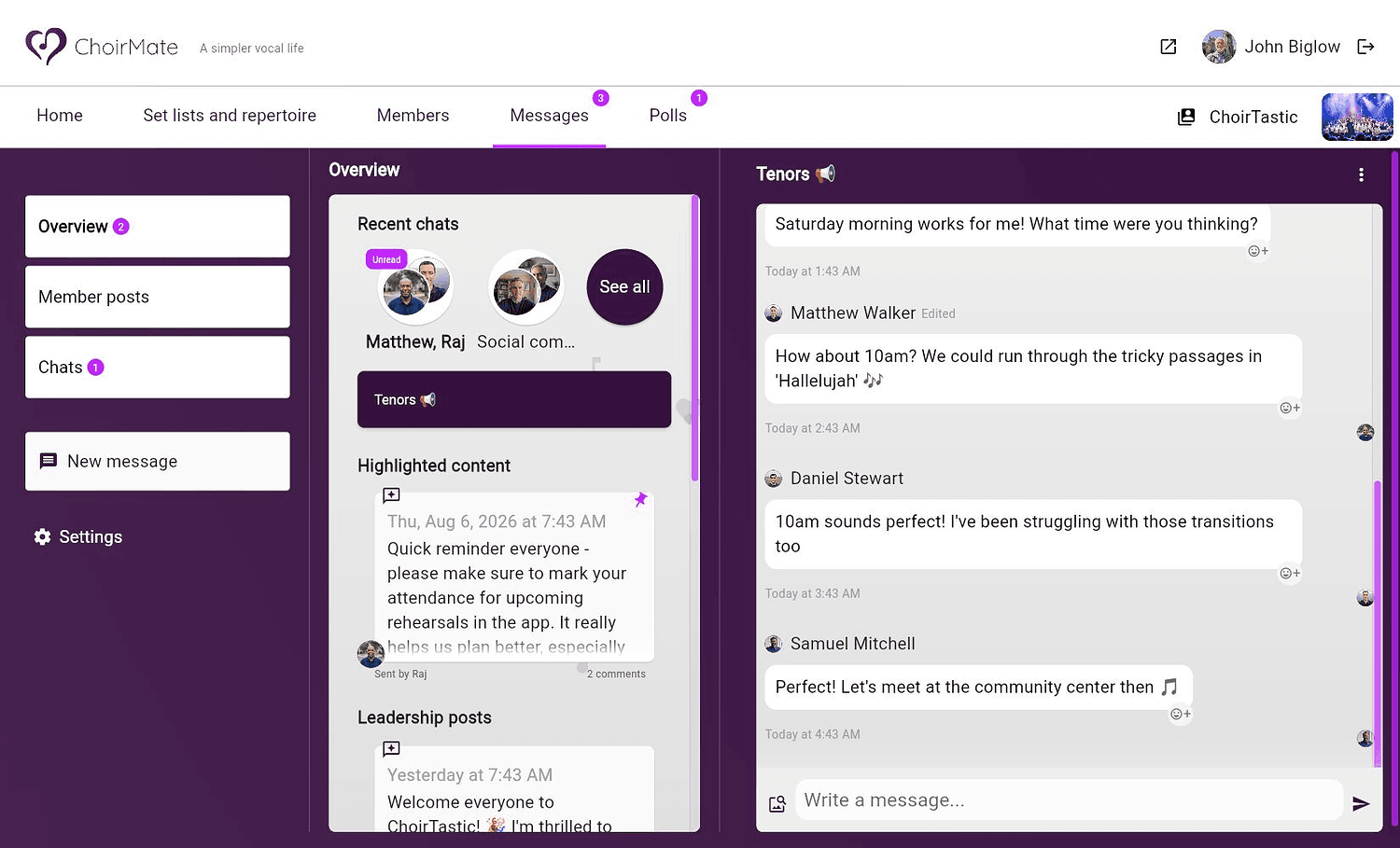 Messages overview in ChoirMate on the web