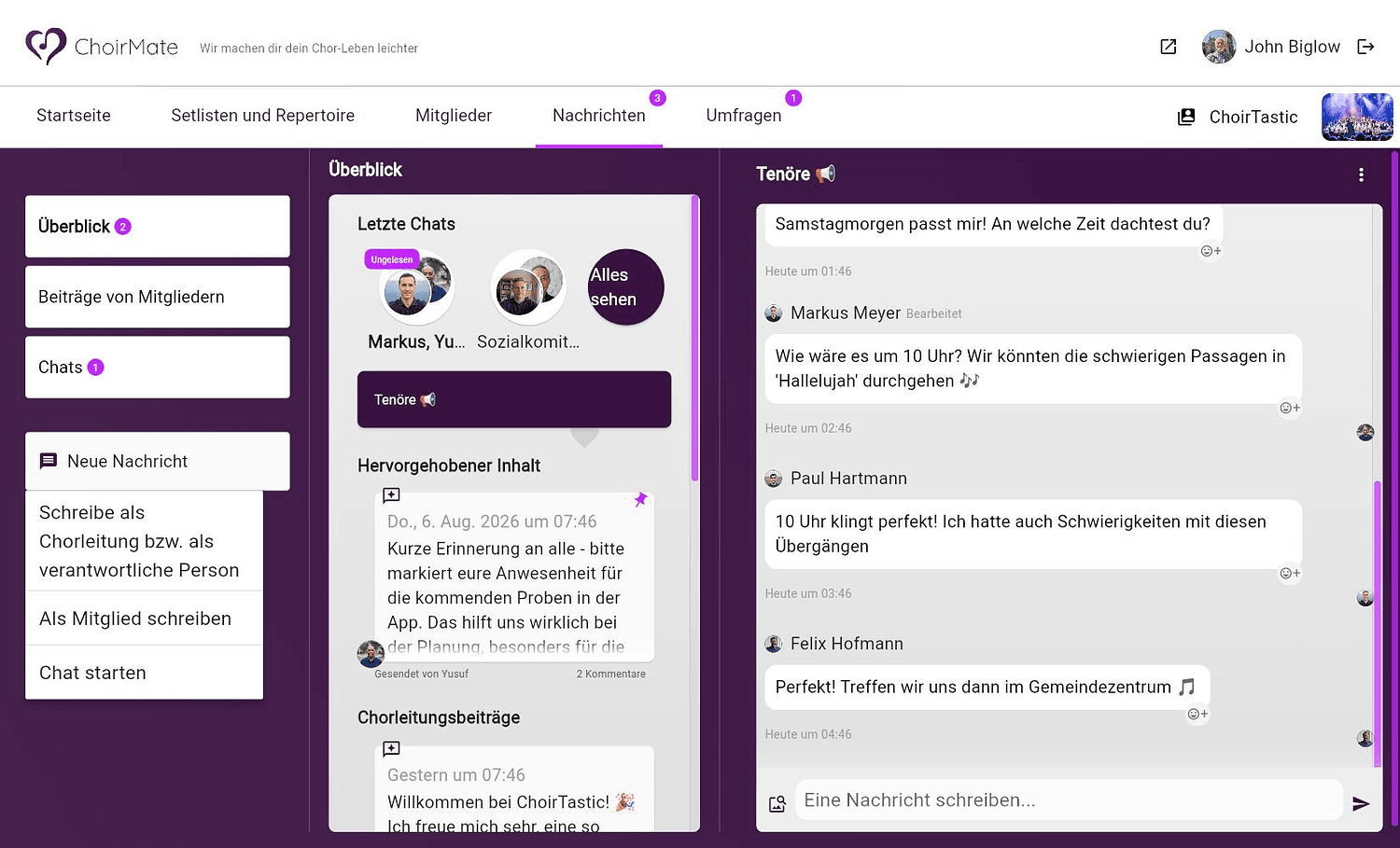 Menü Neue Nachricht in ChoirMate im Web