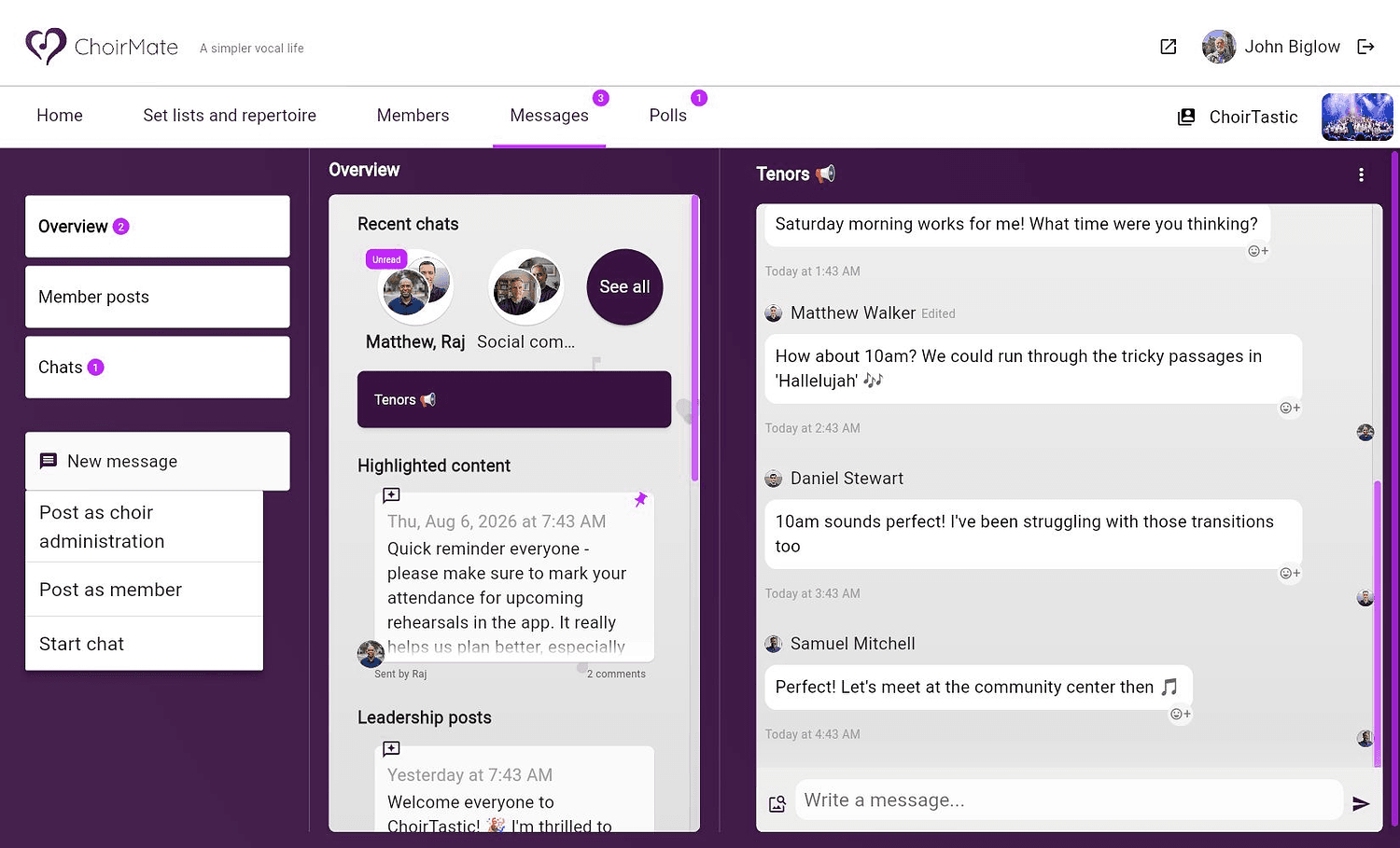 New message menu in ChoirMate on the web