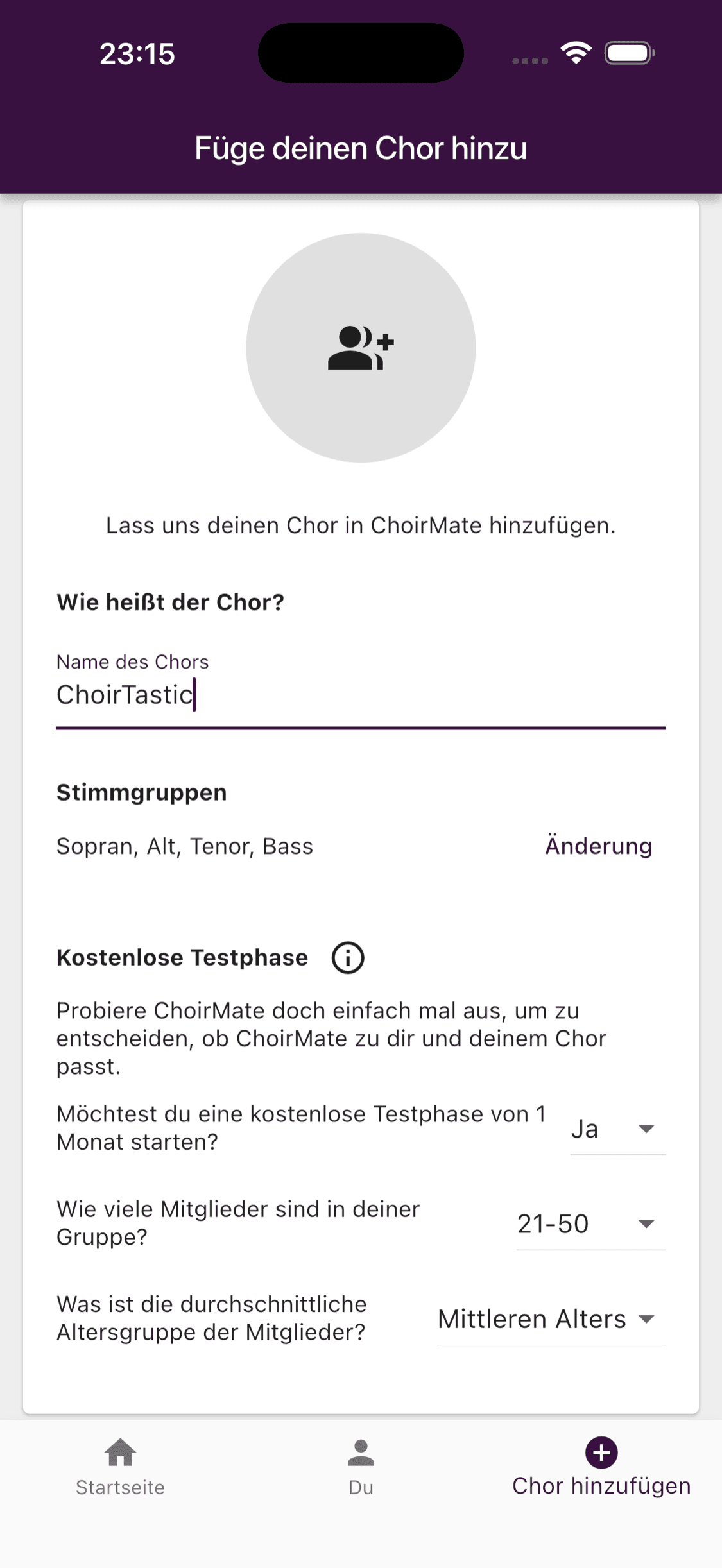 Das Formular für den ersten Chor mit Chorname, Stimmgruppen und Testphase