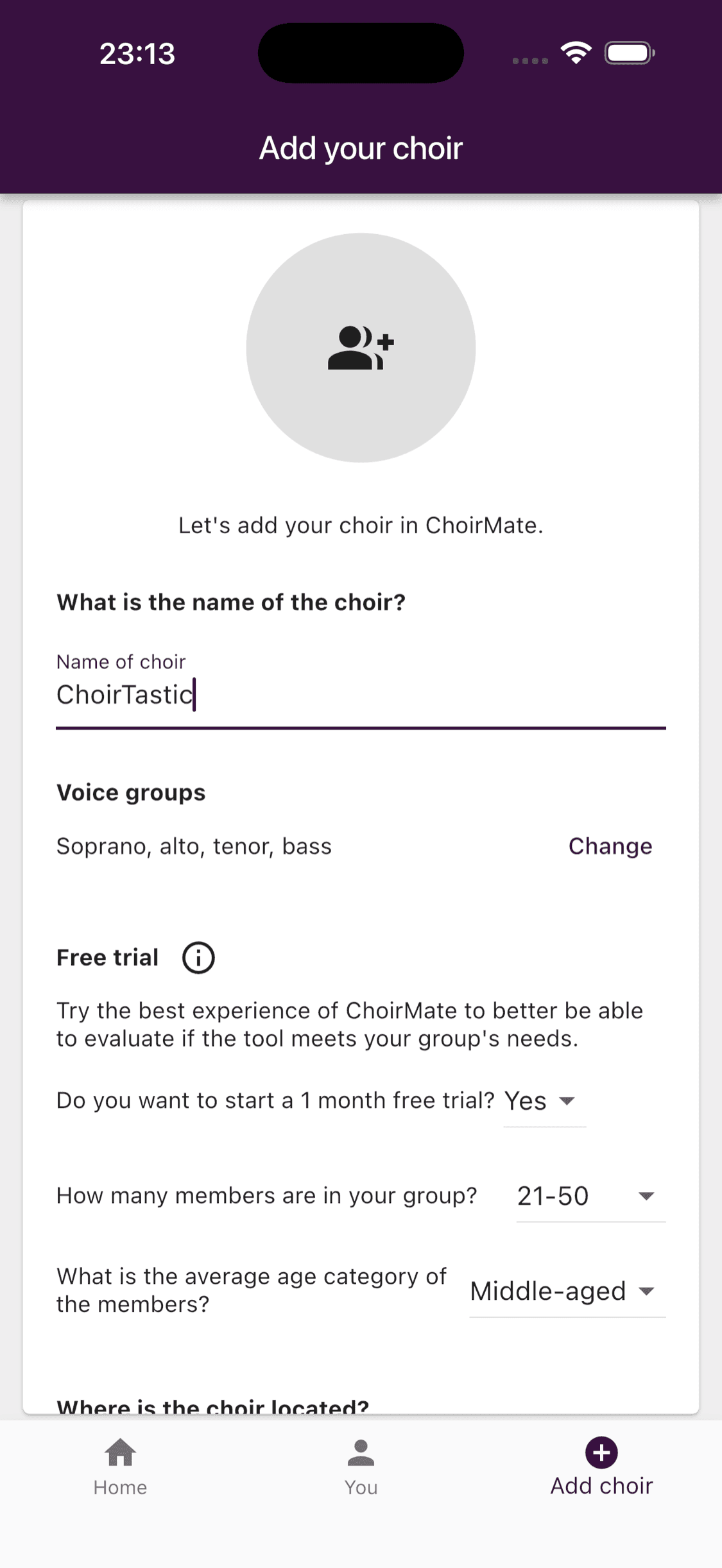The first choir setup form with the choir name, voice groups, and trial options