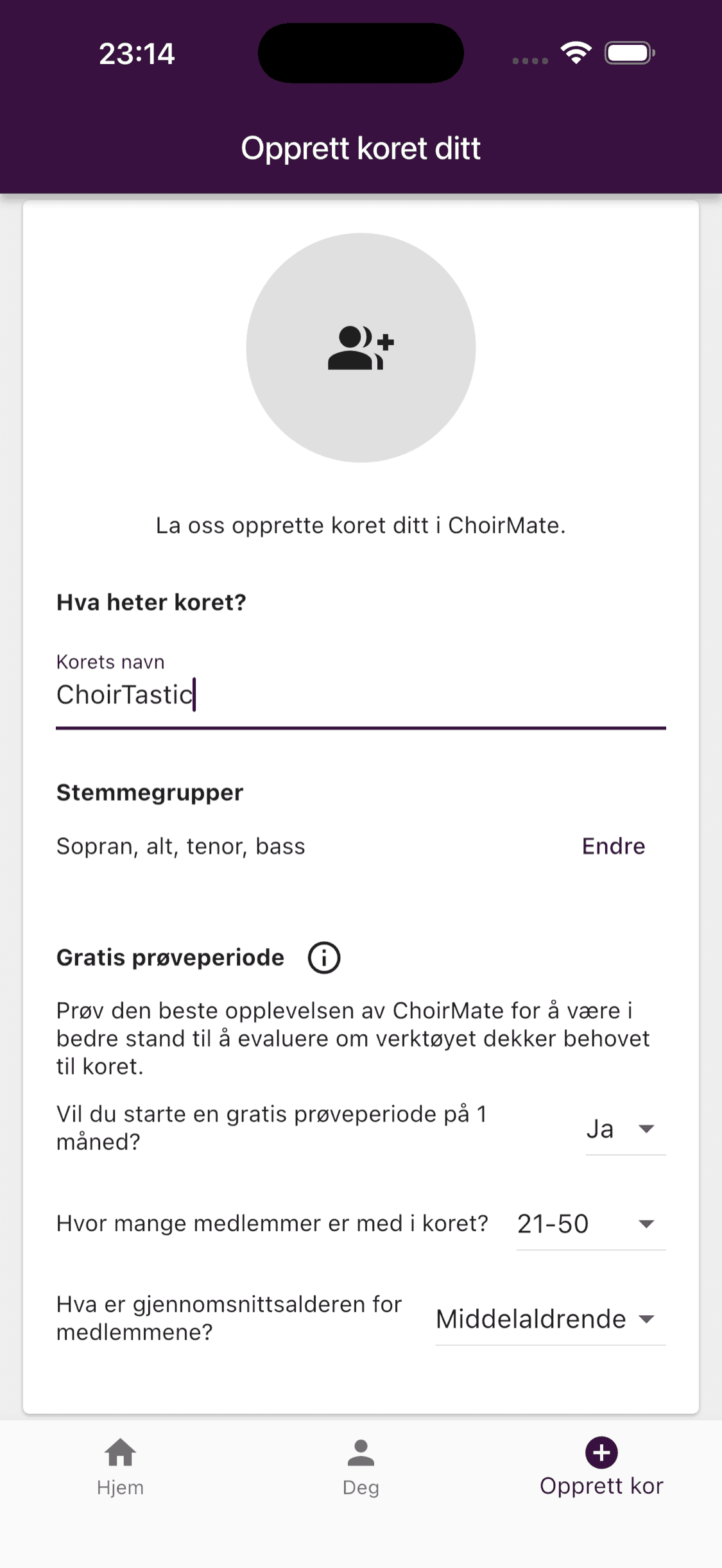 Skjemaet for det første koret med kornavn, stemmegrupper og prøveperiode