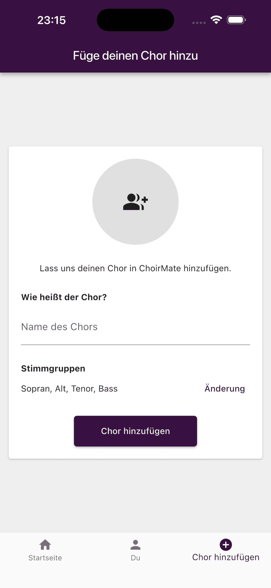 Die Seite Chor hinzufügen für einen Benutzer ohne Chormitgliedschaft