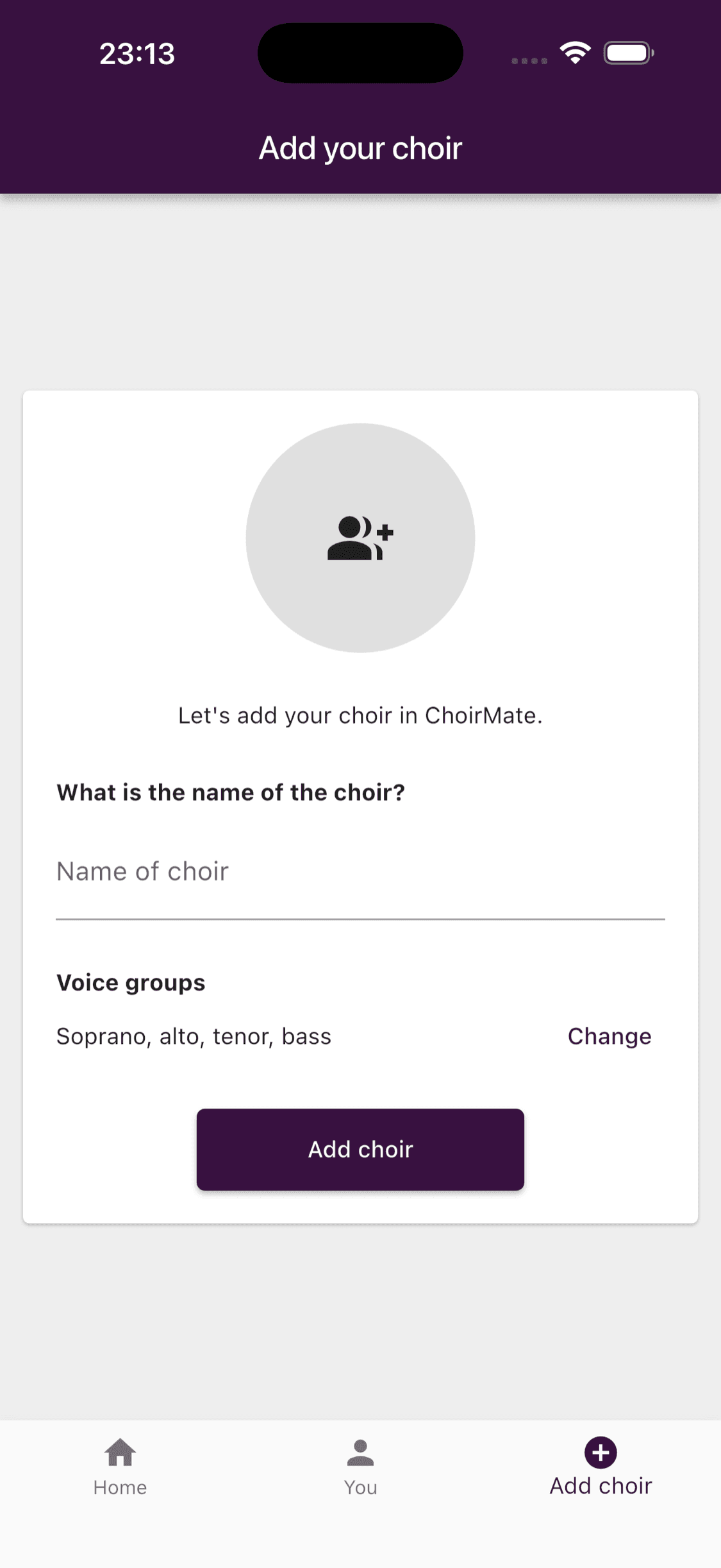 The Add choir screen for a user who does not belong to a choir