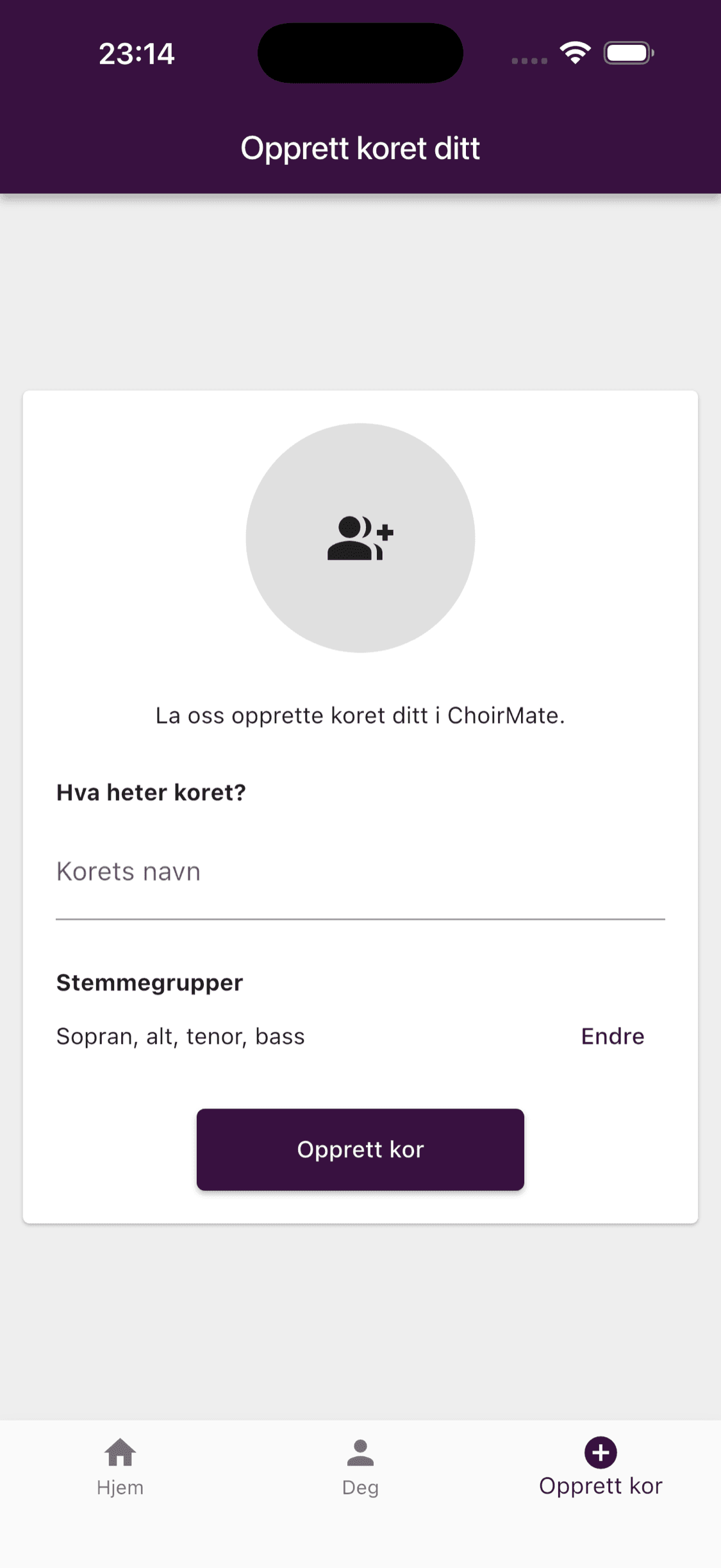 Siden Opprett kor for en bruker som ikke er med i noe kor