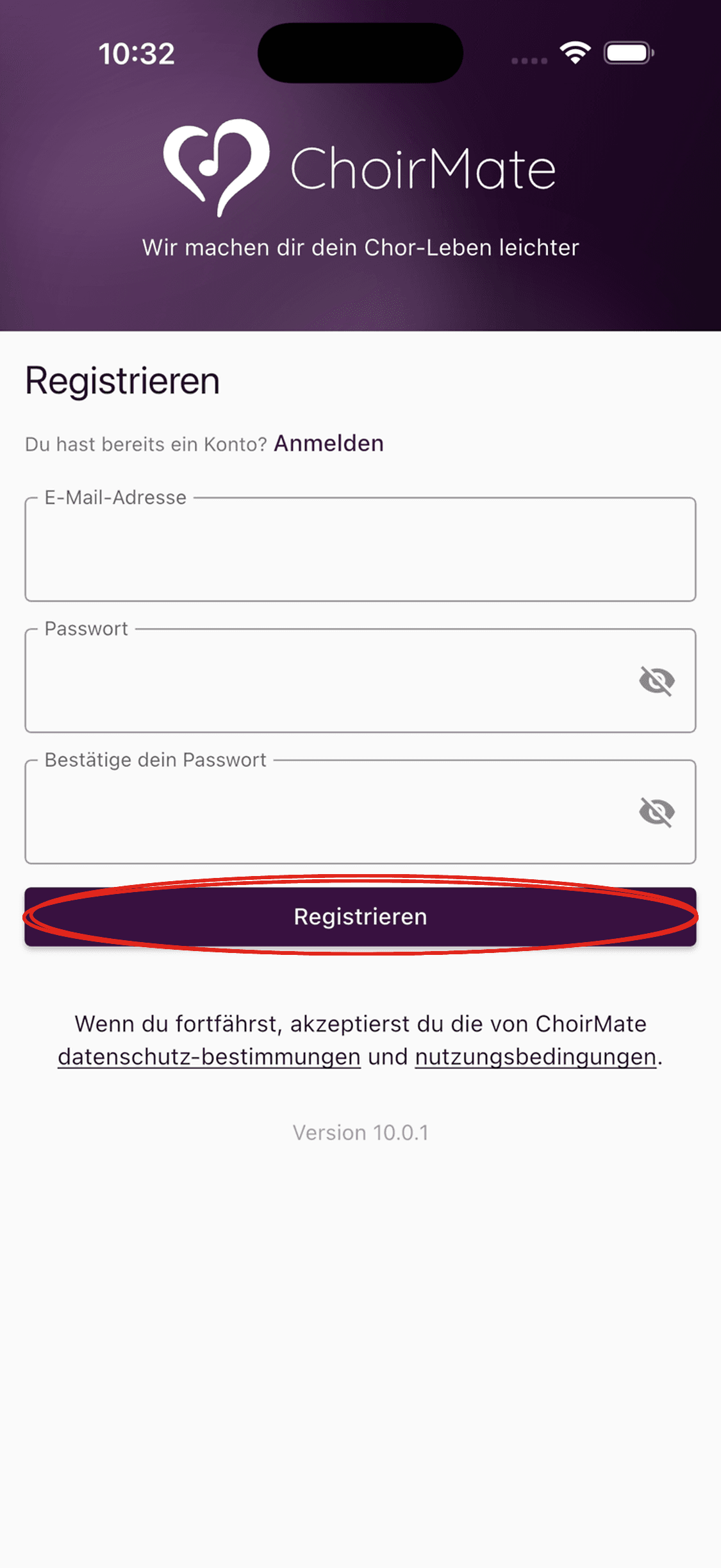 Das Registrierungsformular in der ChoirMate-App