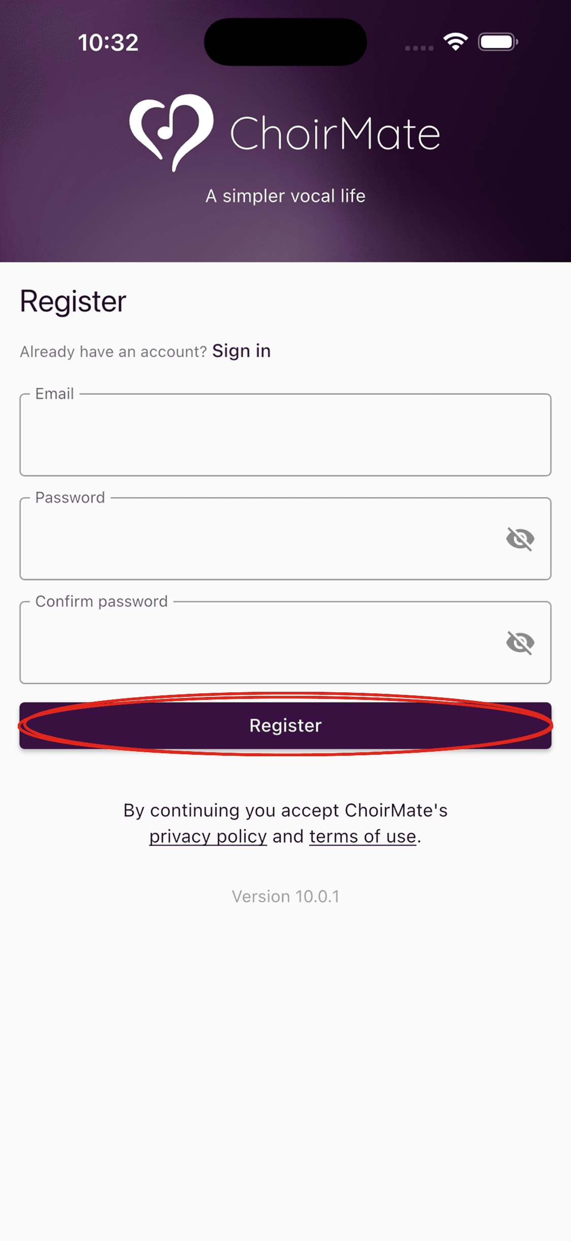 The ChoirMate registration form in the mobile app