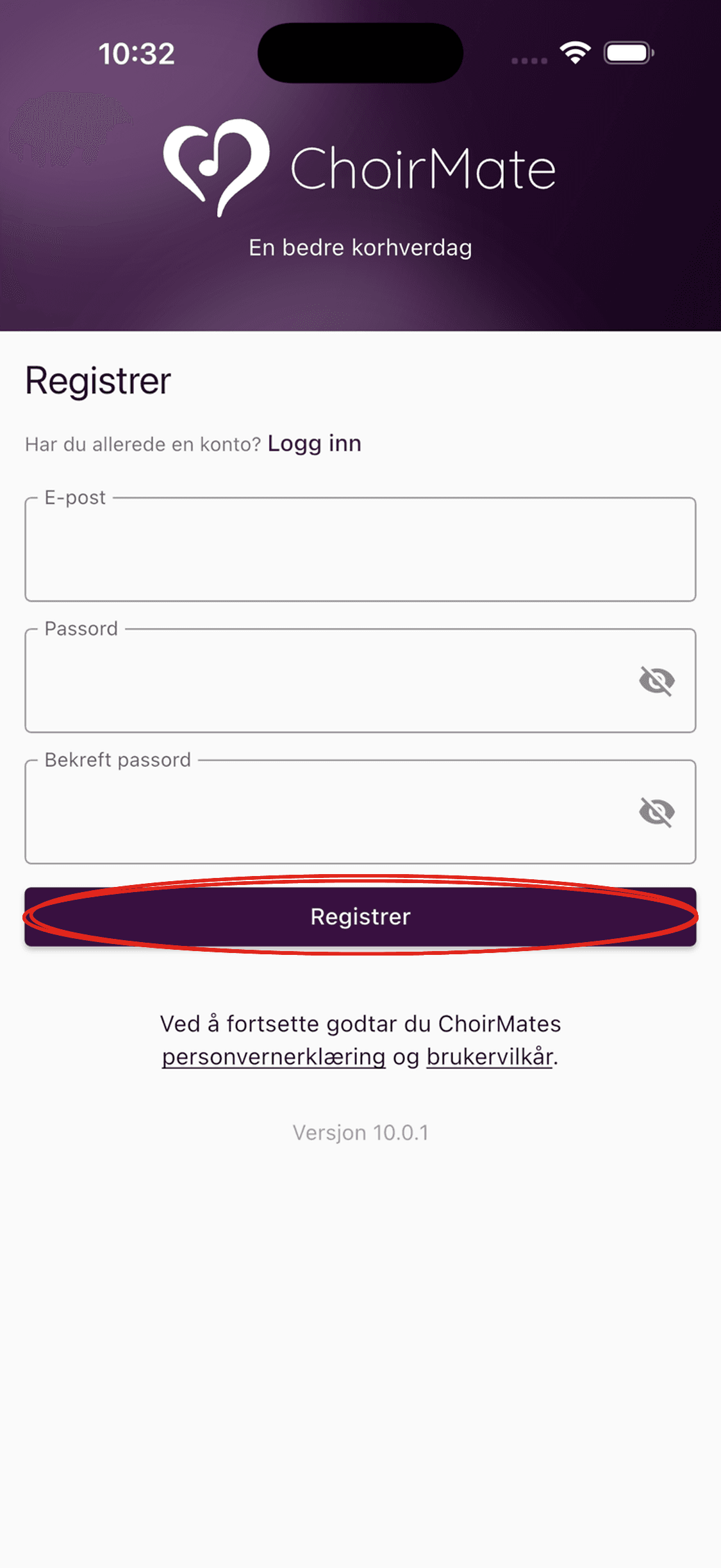 Registreringsskjemaet i ChoirMate-appen