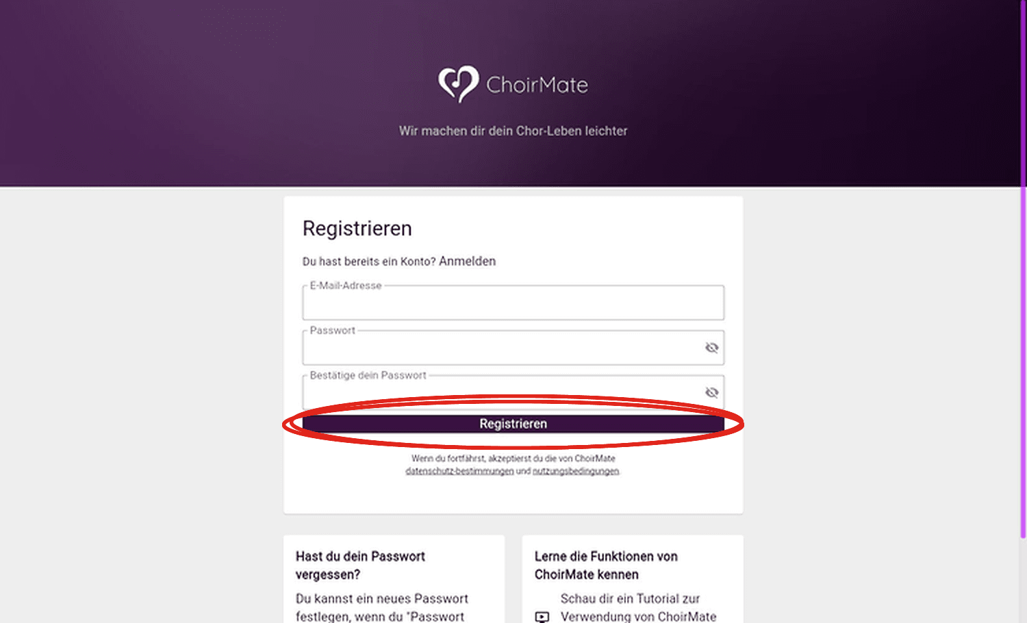 Das ChoirMate-Registrierungsformular in einem Laptop-Browser