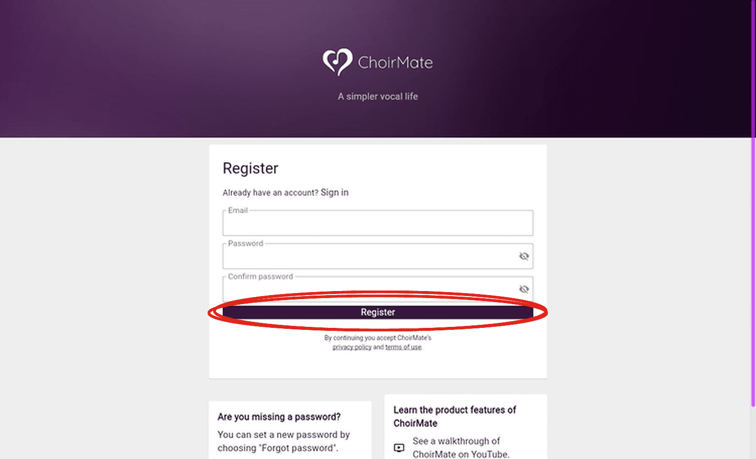 The ChoirMate registration form in a laptop browser
