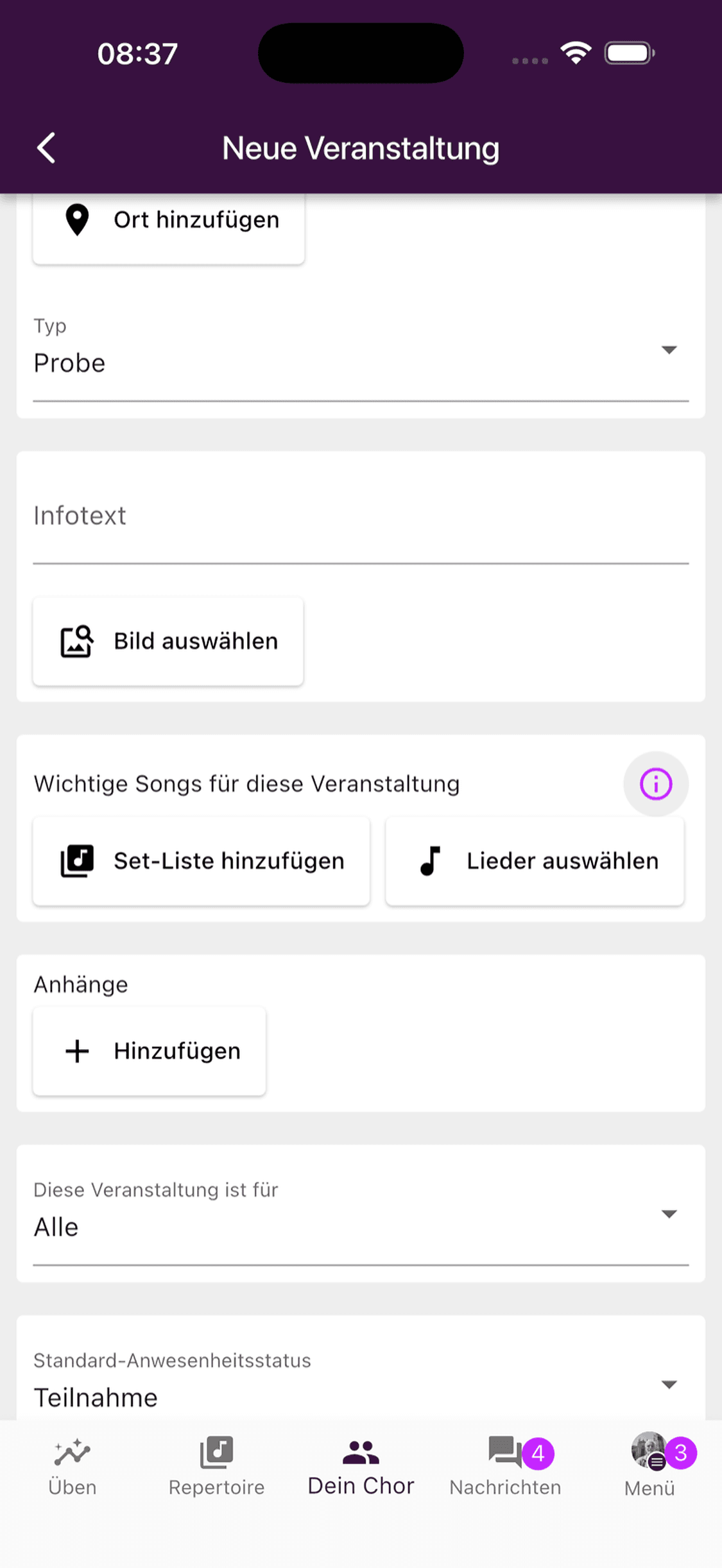 Einstellungen für Teilnehmende und Anwesenheit einer neuen Veranstaltung