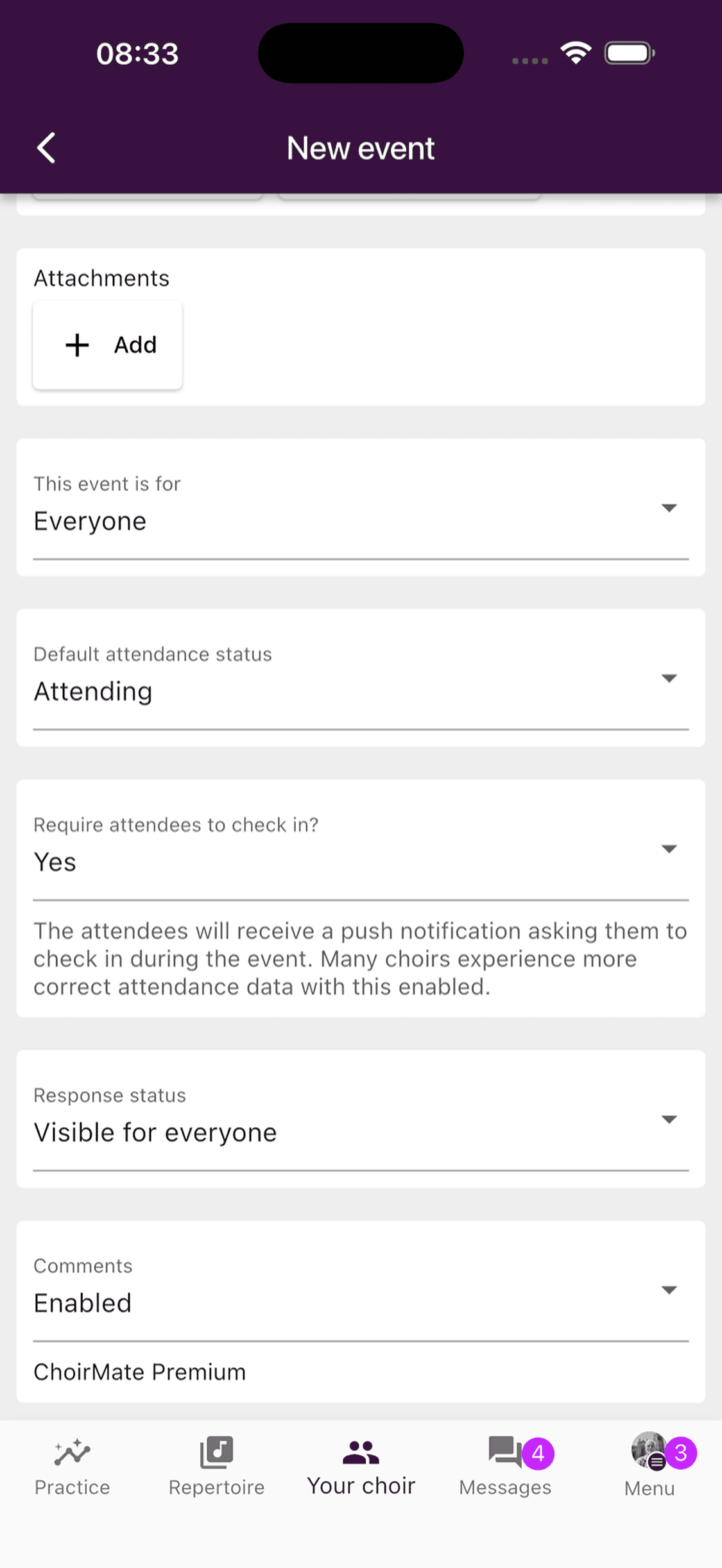 Audience and attendance settings for a new event