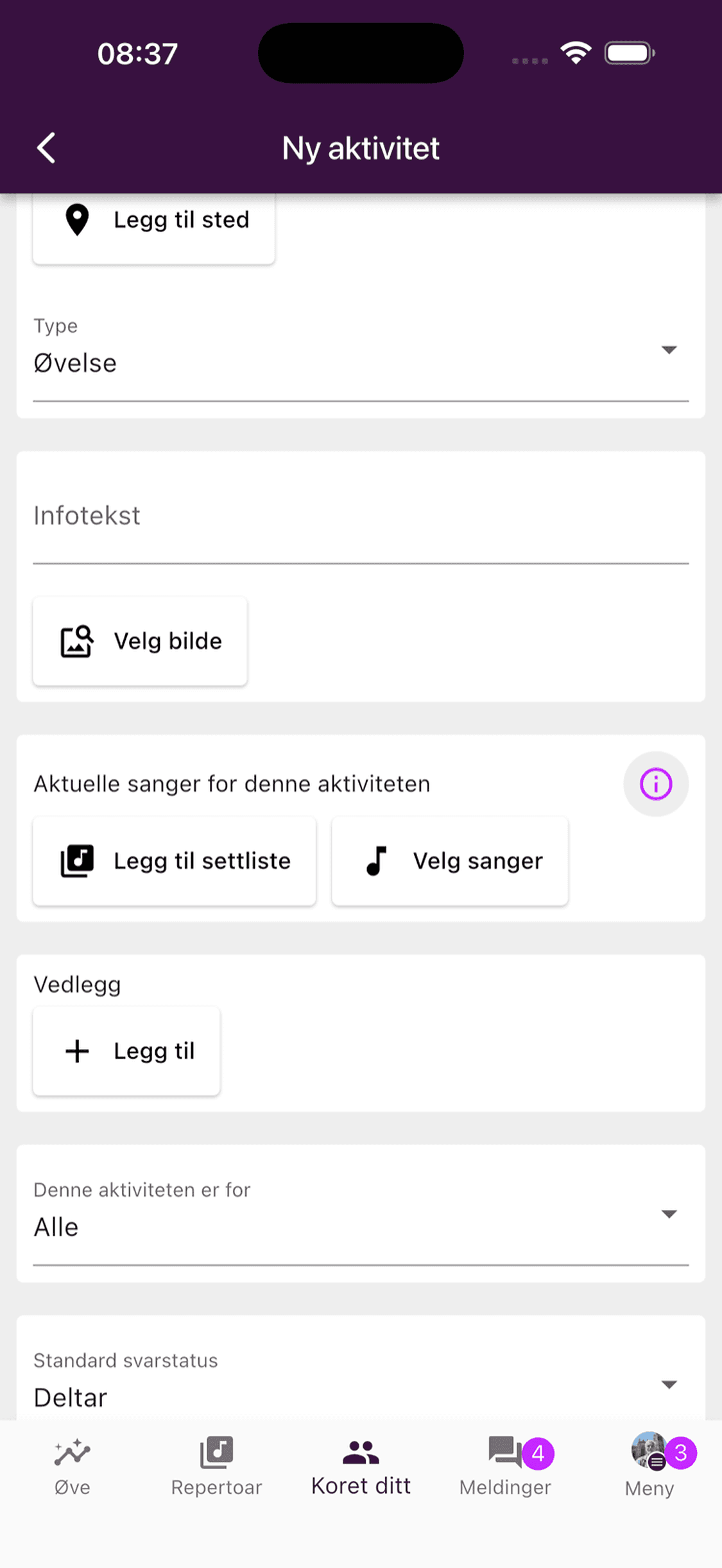 Deltaker- og oppmøteinnstillinger for en ny aktivitet