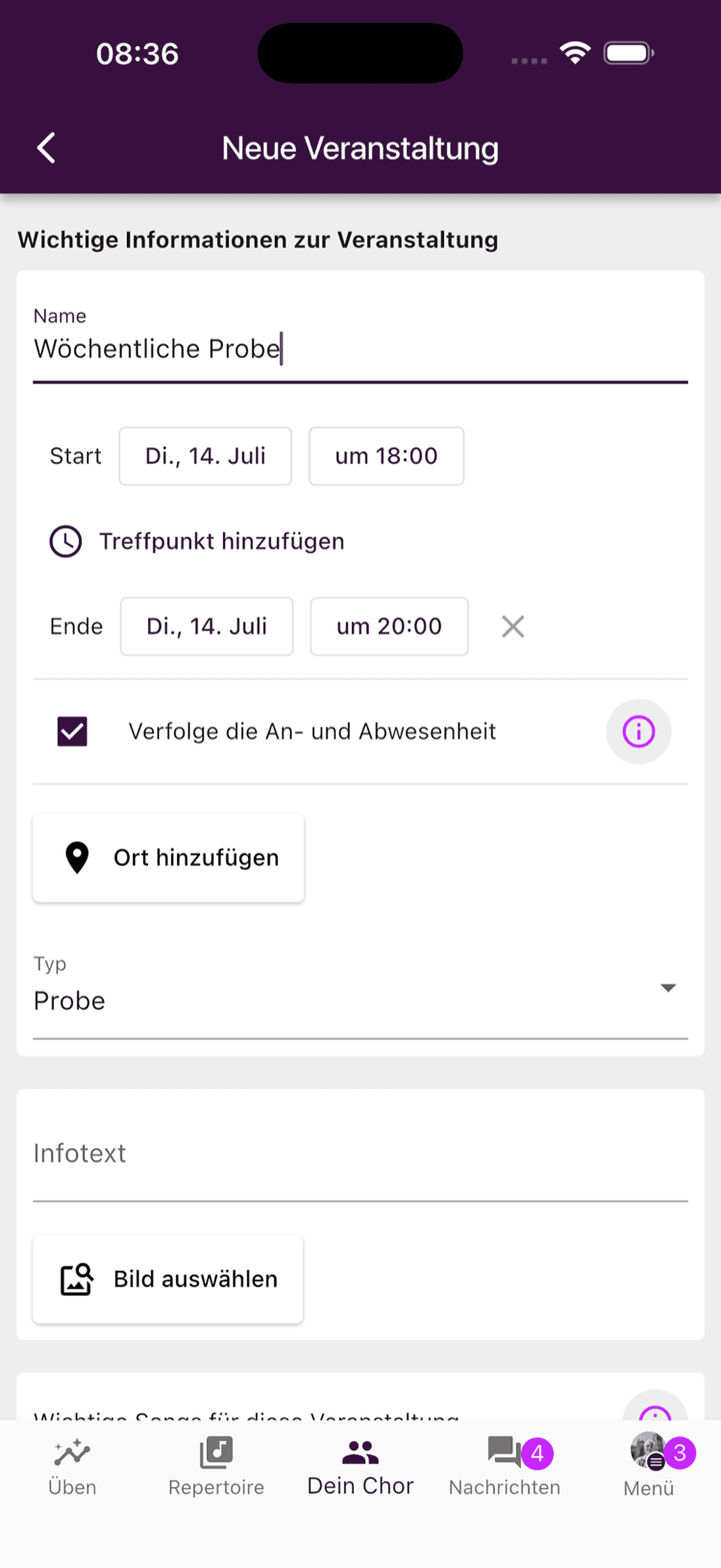 Die wichtigsten Felder für Zeit, Anwesenheit, Ort und Typ