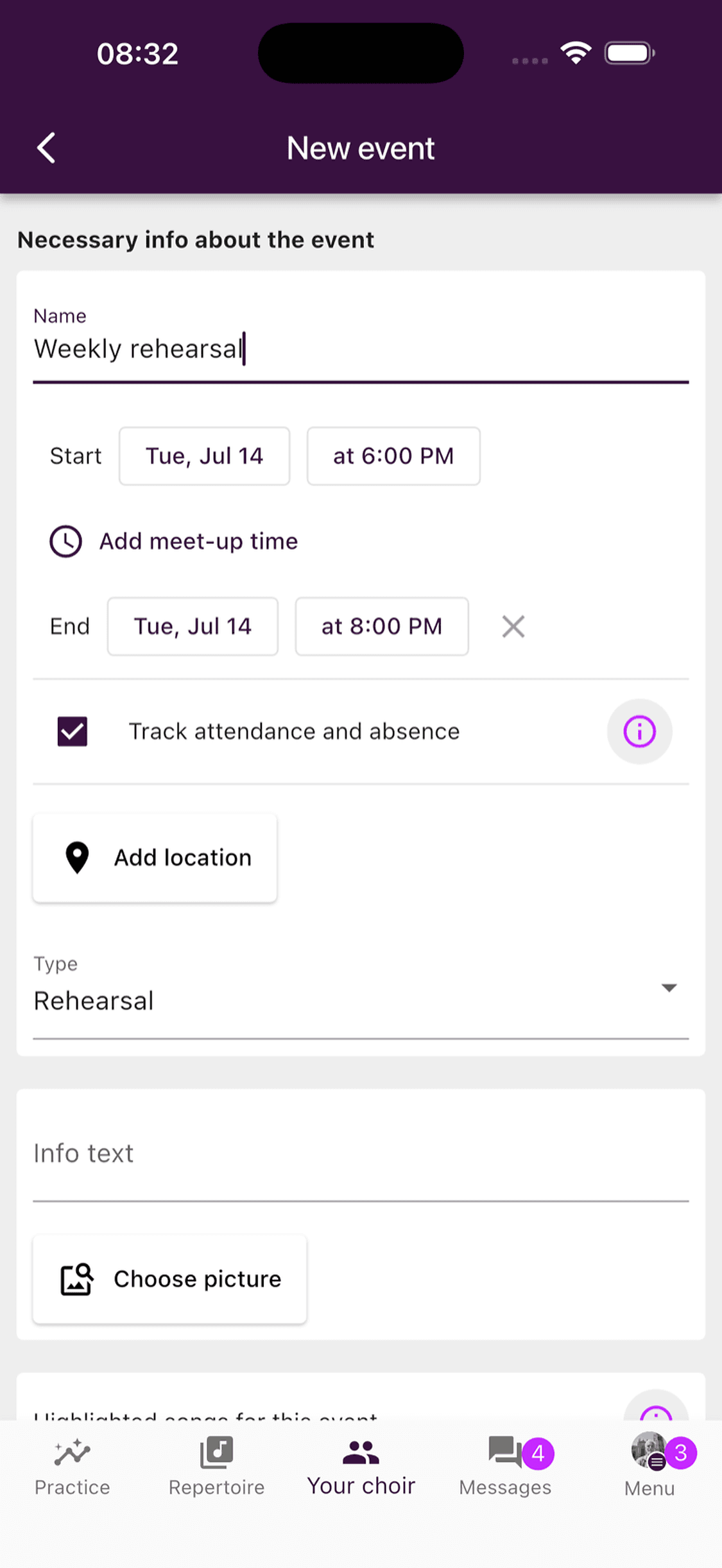 The essential event fields, including time, attendance, location, and type