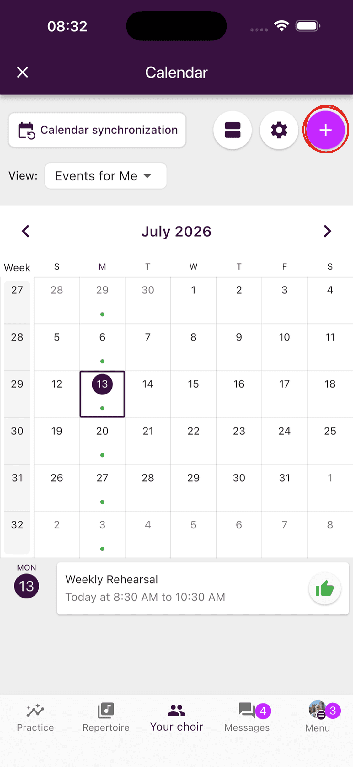 The ChoirMate calendar with the add button