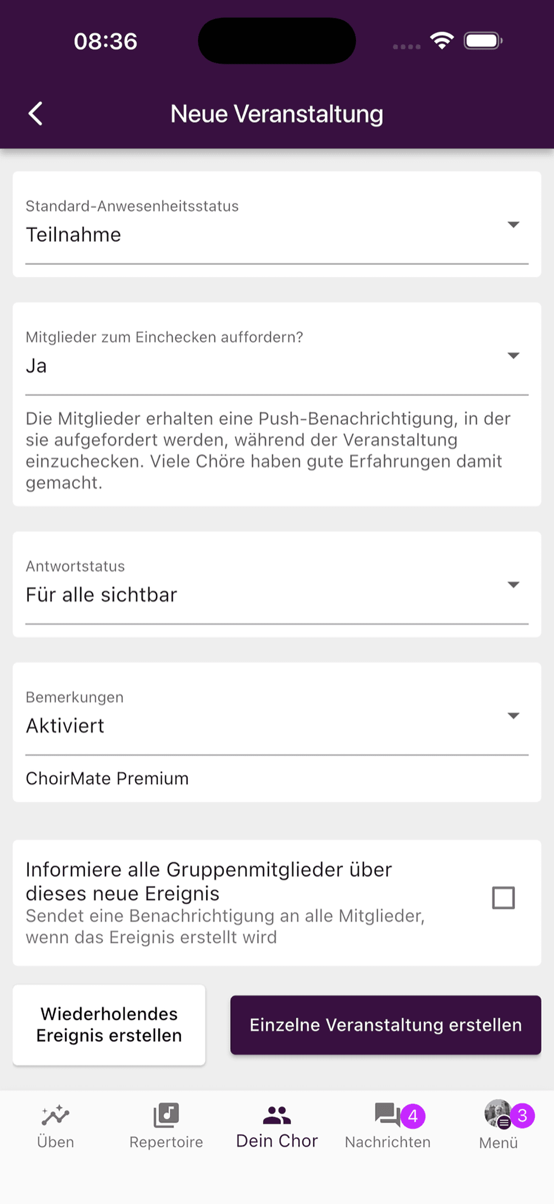 Schaltflächen zum Erstellen einer wiederholenden oder einzelnen Veranstaltung