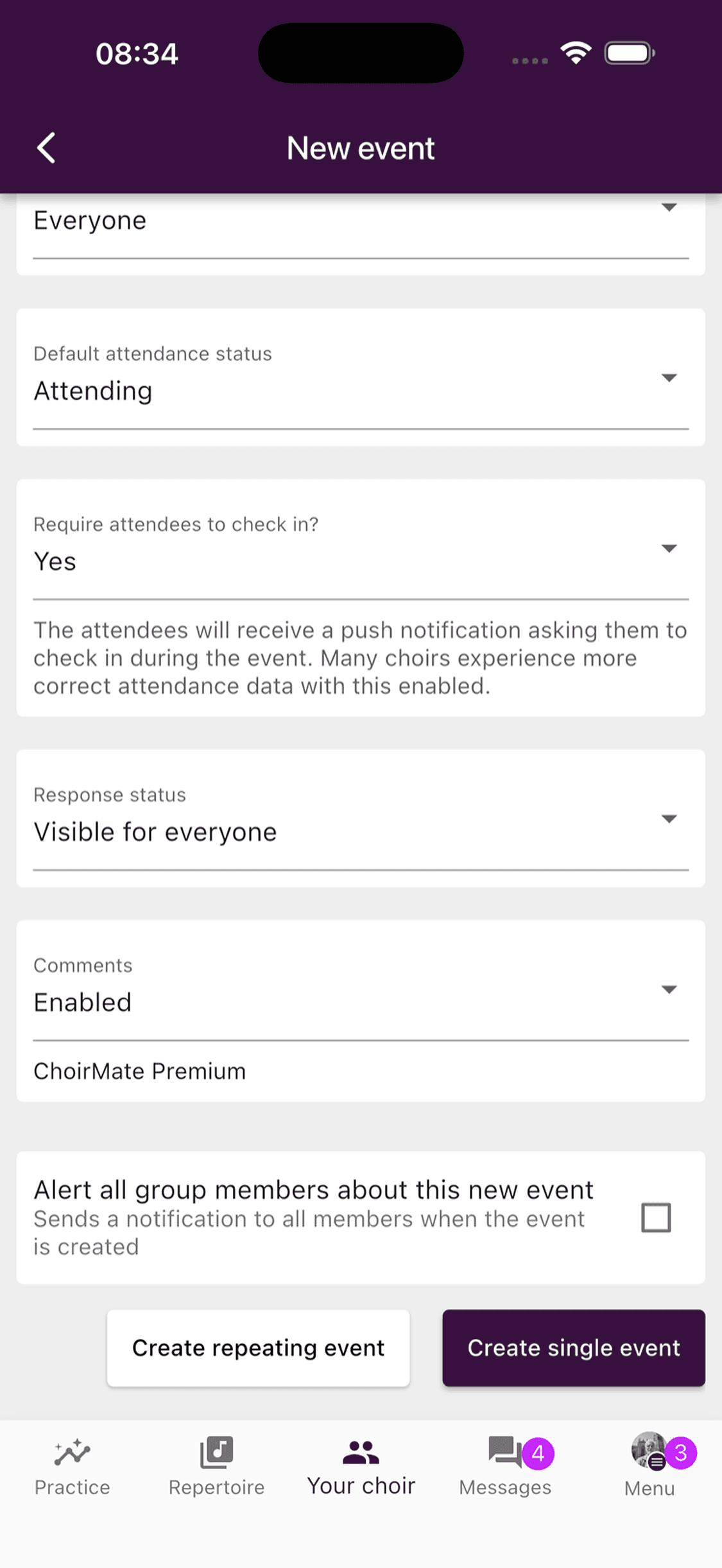 Buttons for creating a repeating or single event