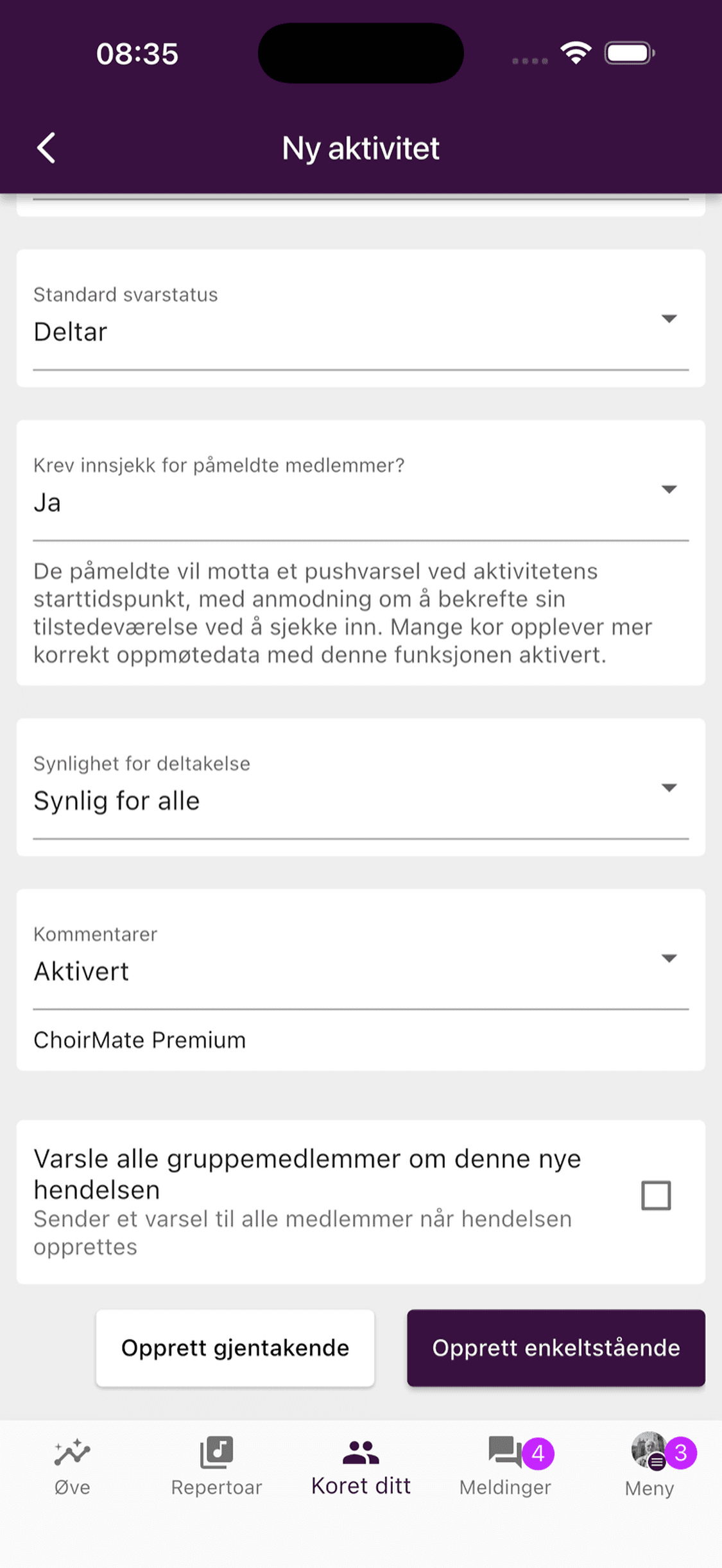 Knapper for å opprette en gjentakende eller enkeltstående aktivitet