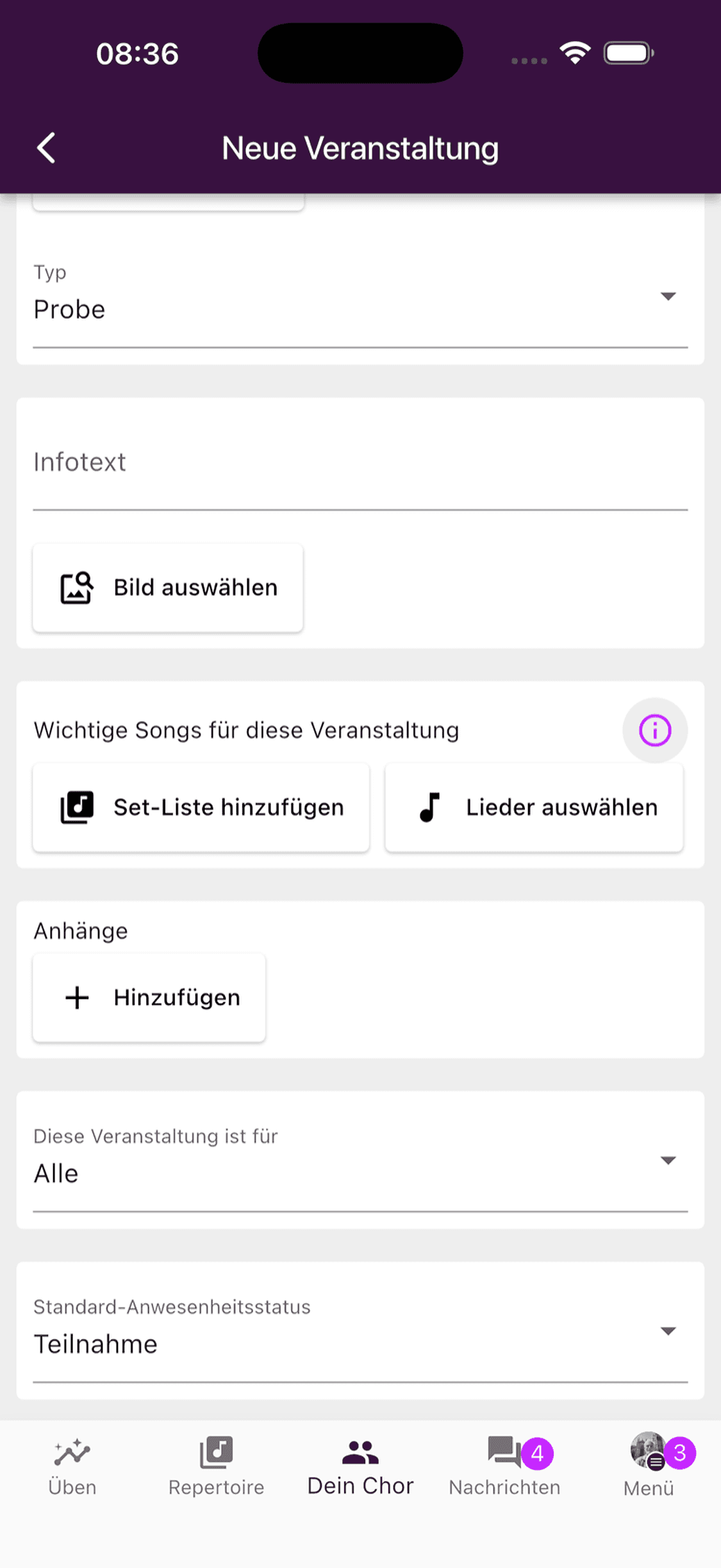 Optionen für Veranstaltungsinformationen, Songs und Anhänge