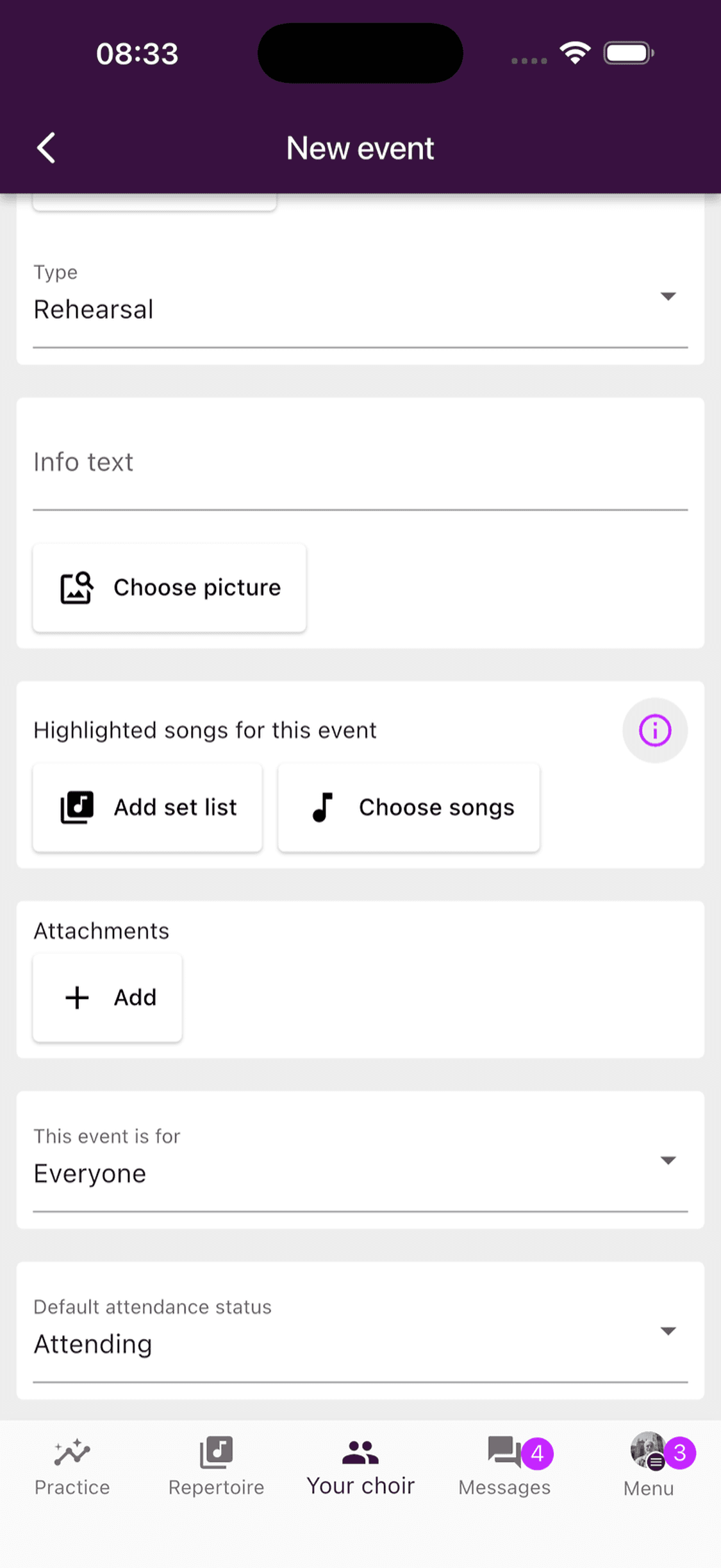 Options for adding event information, songs, and attachments