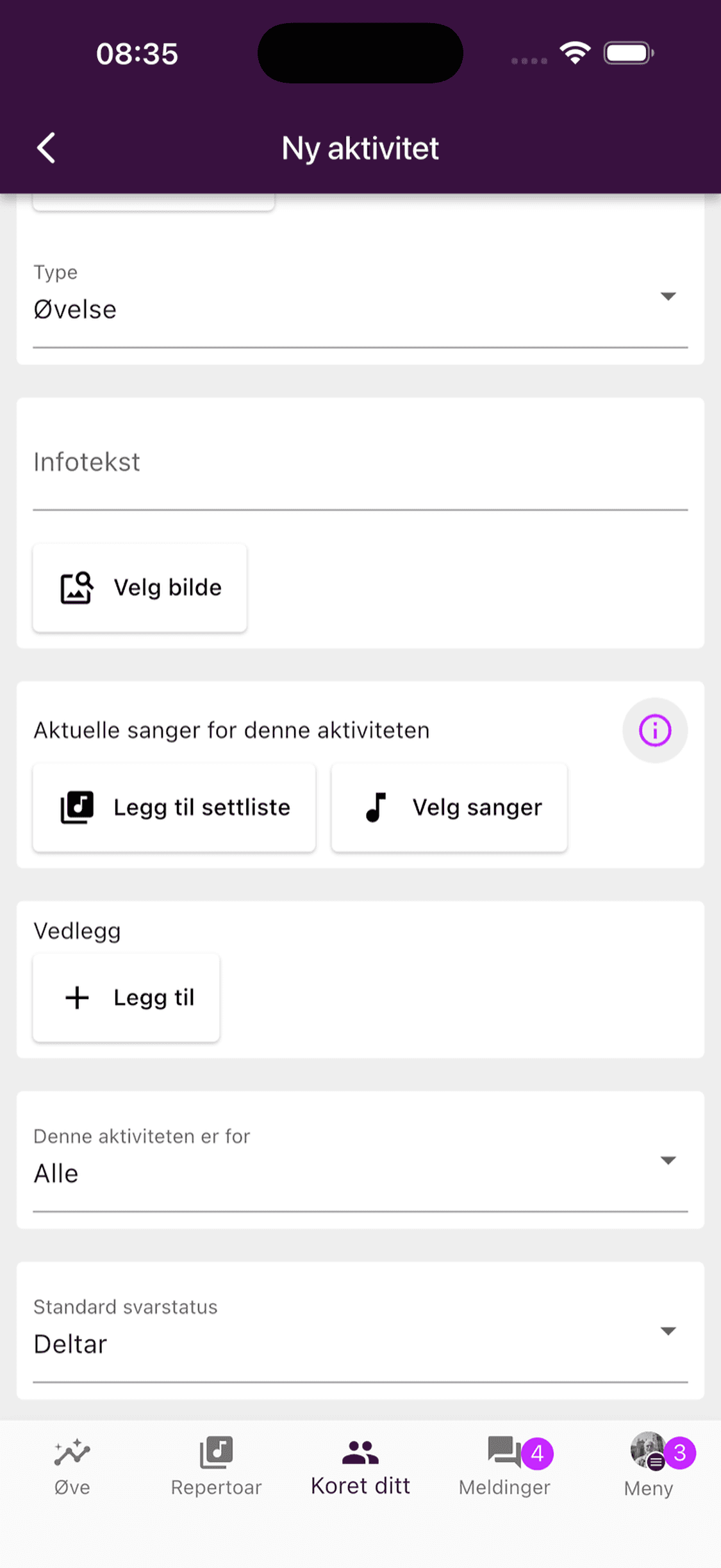 Valg for aktivitetsinformasjon, sanger og vedlegg
