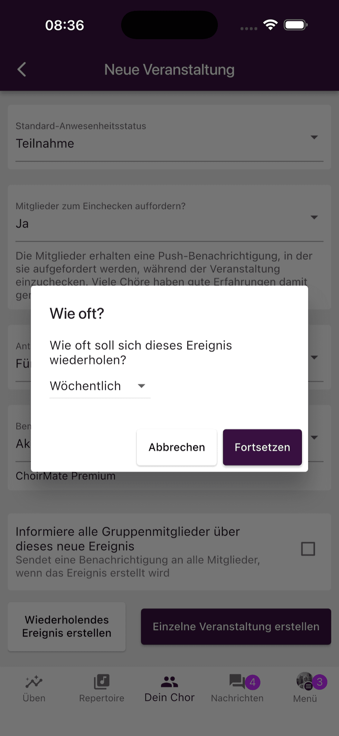 Dialog zur Auswahl des Wiederholungsintervalls