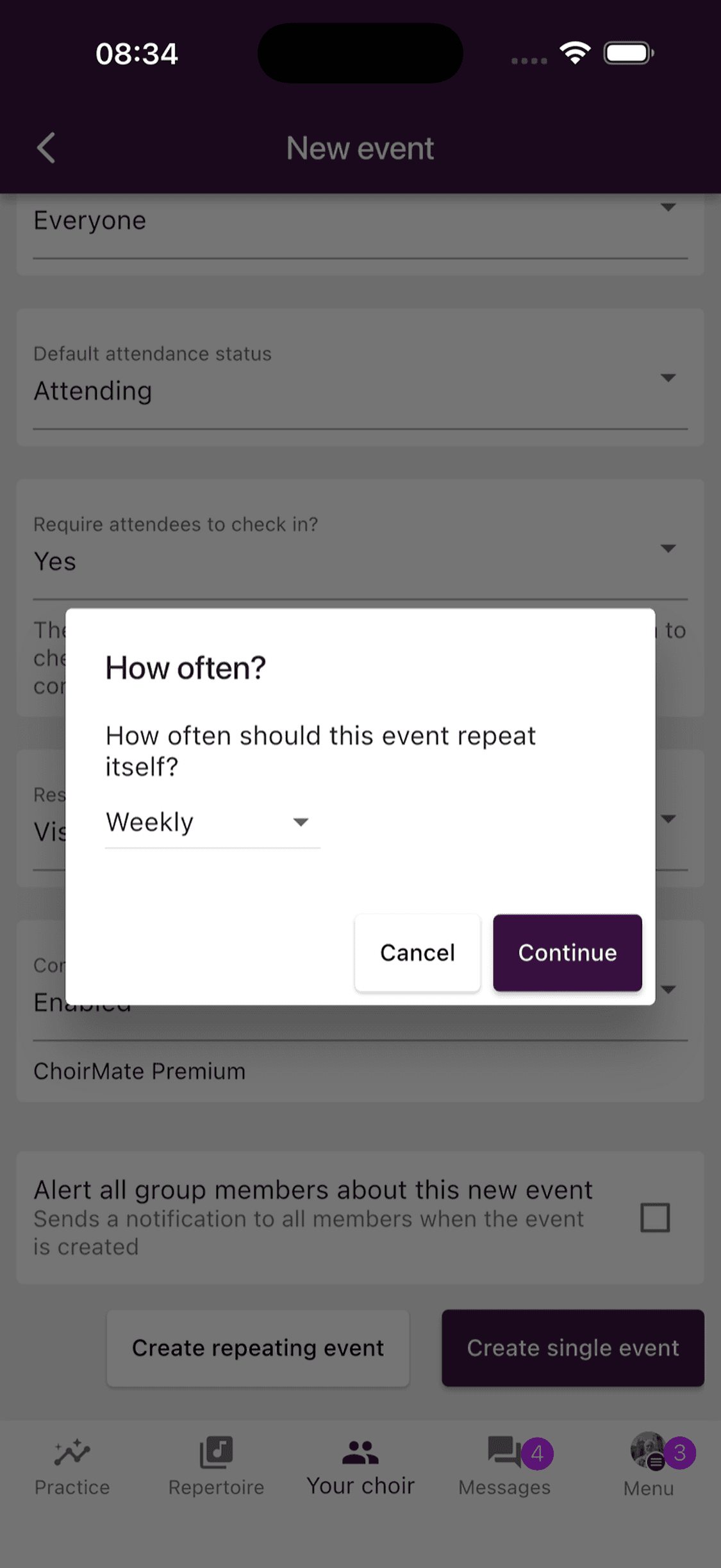 The dialog for choosing how often an event repeats