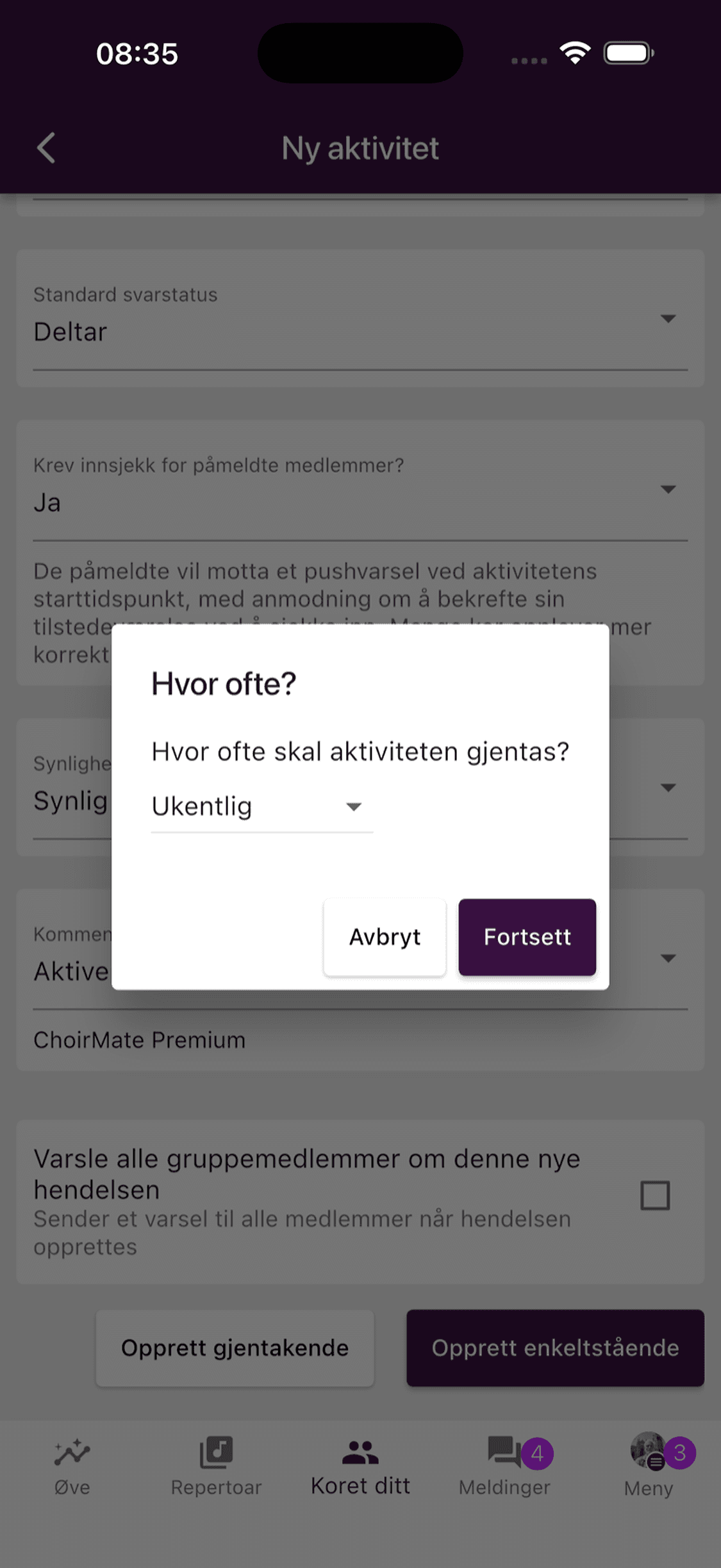 Dialogen for å velge hvor ofte en aktivitet skal gjentas