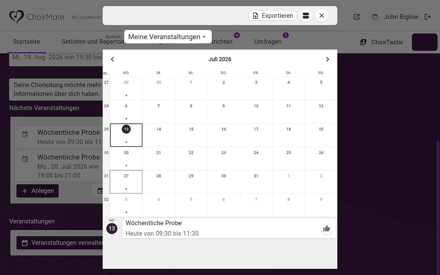 Der Kalender im Web-Verwaltungsbereich