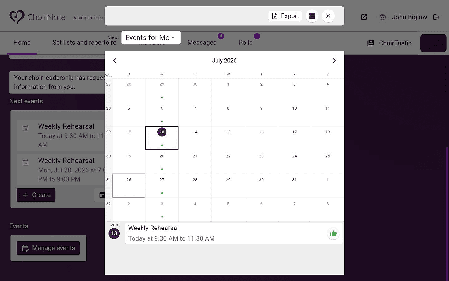 The calendar in the web administration area