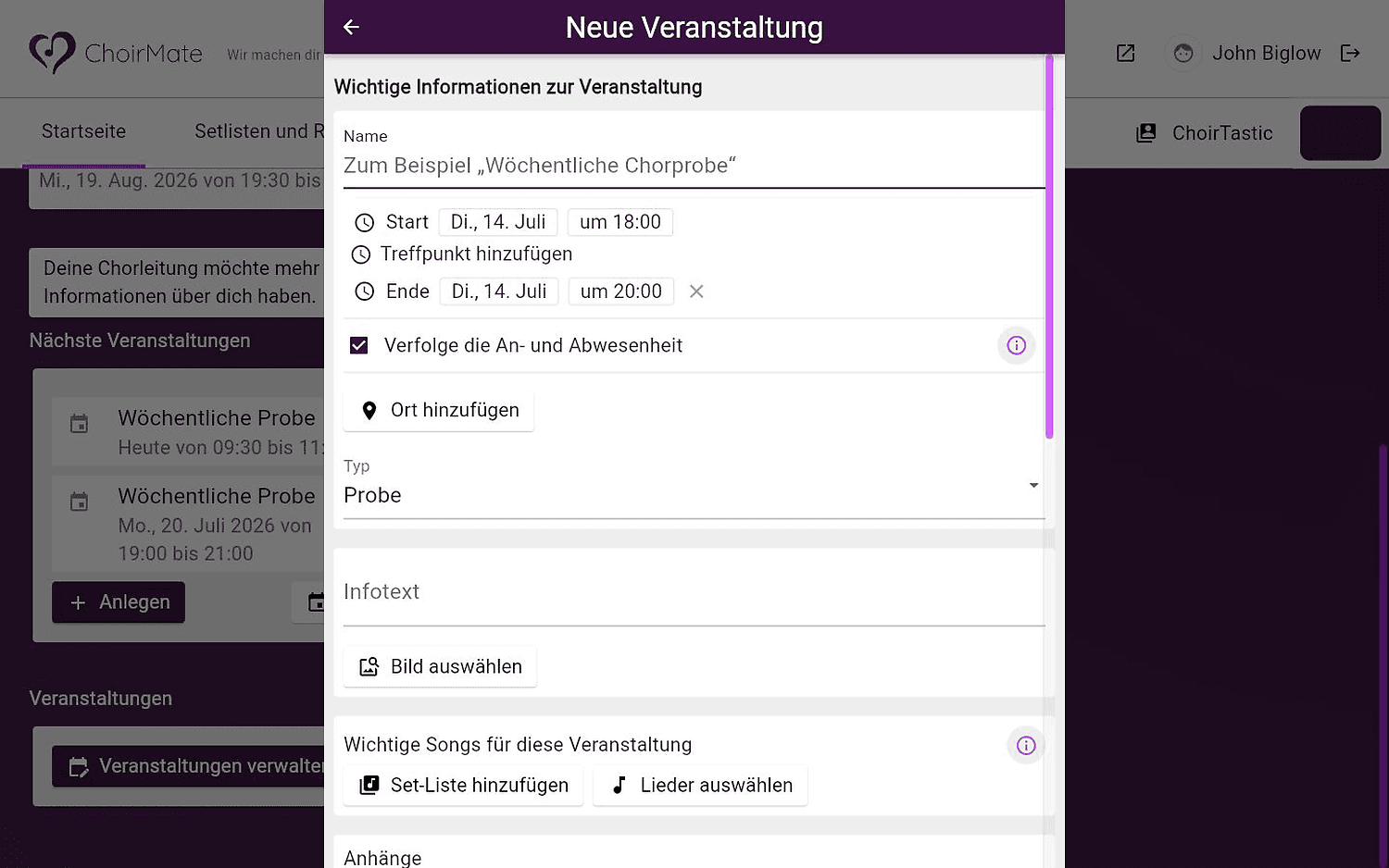 Das Veranstaltungsformular im Web-Verwaltungsbereich