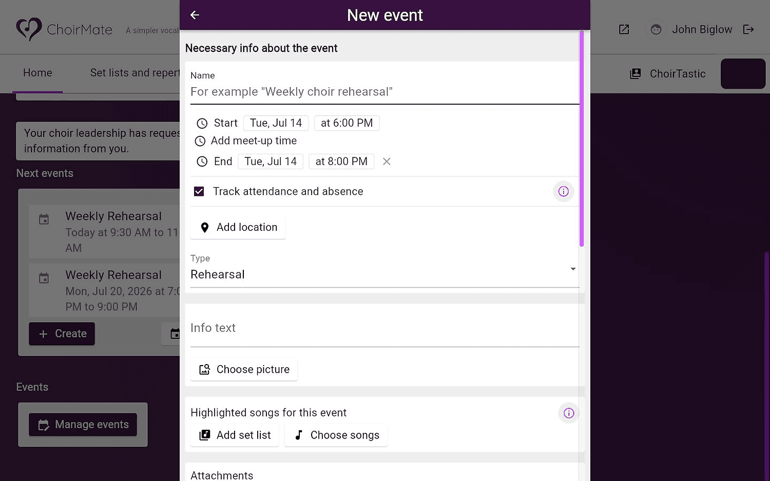 The event form in the web administration area