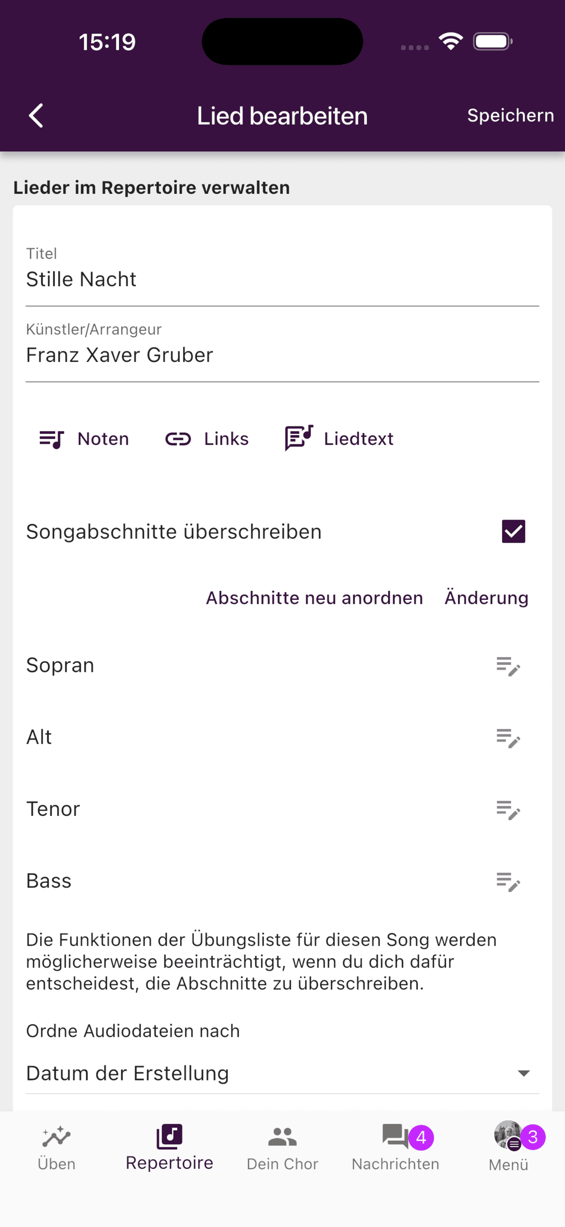 Bearbeiten individueller Songabschnitte in der ChoirMate-App