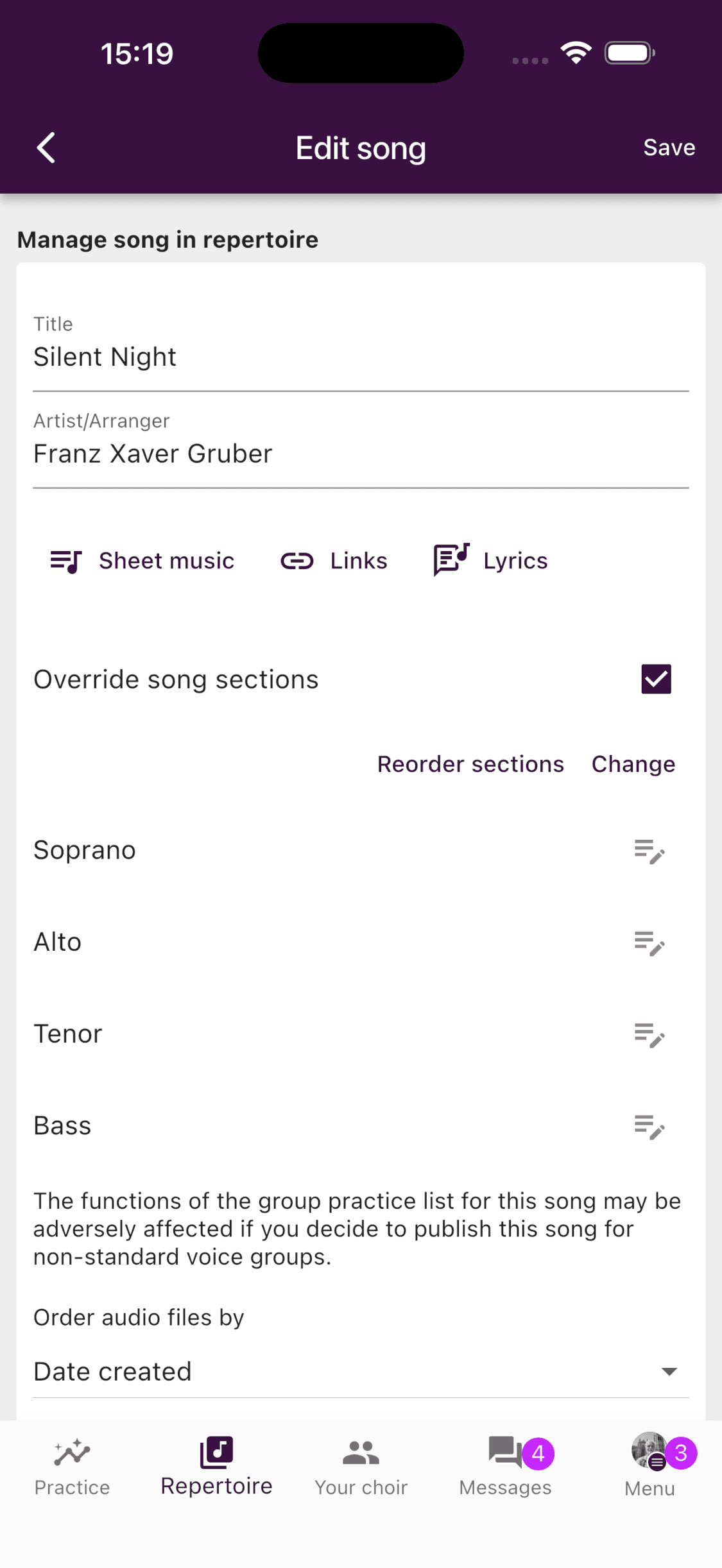 Editing overridden song sections in the ChoirMate app
