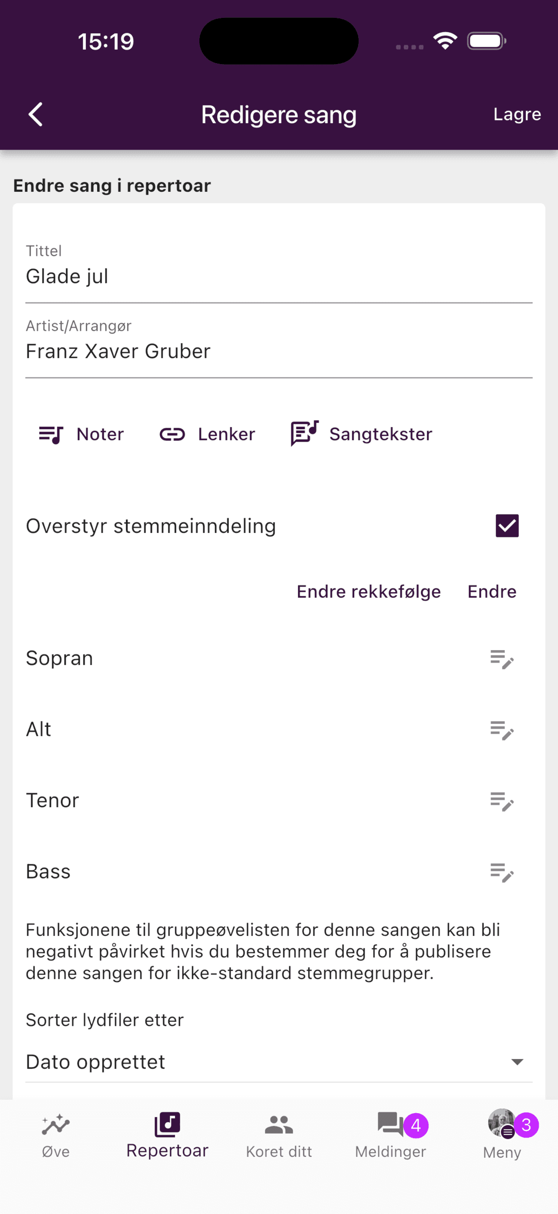 Redigering av overstyrt stemmeinndeling i ChoirMate-appen