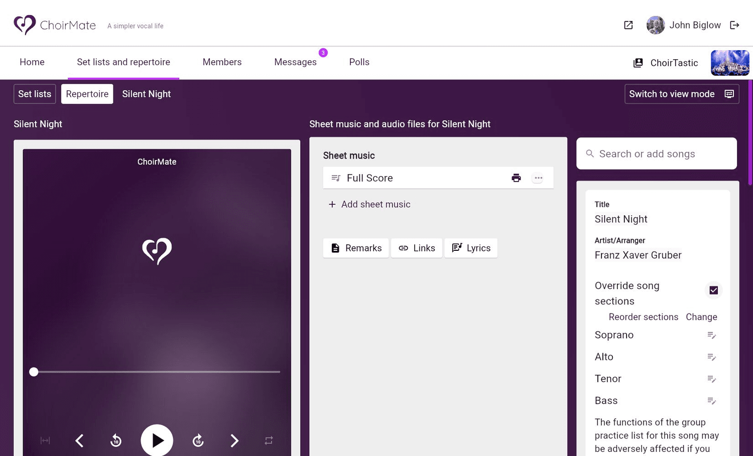 Overridden song sections in ChoirMate Web