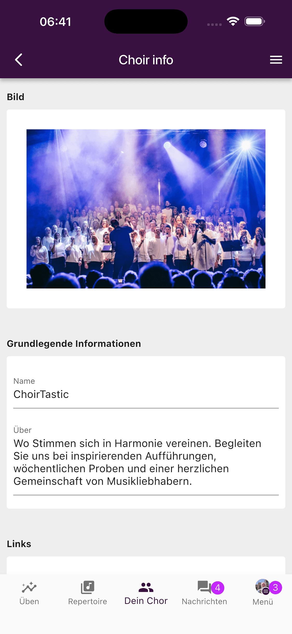Editor für Chordaten mit Chorbild, Name und Beschreibung
