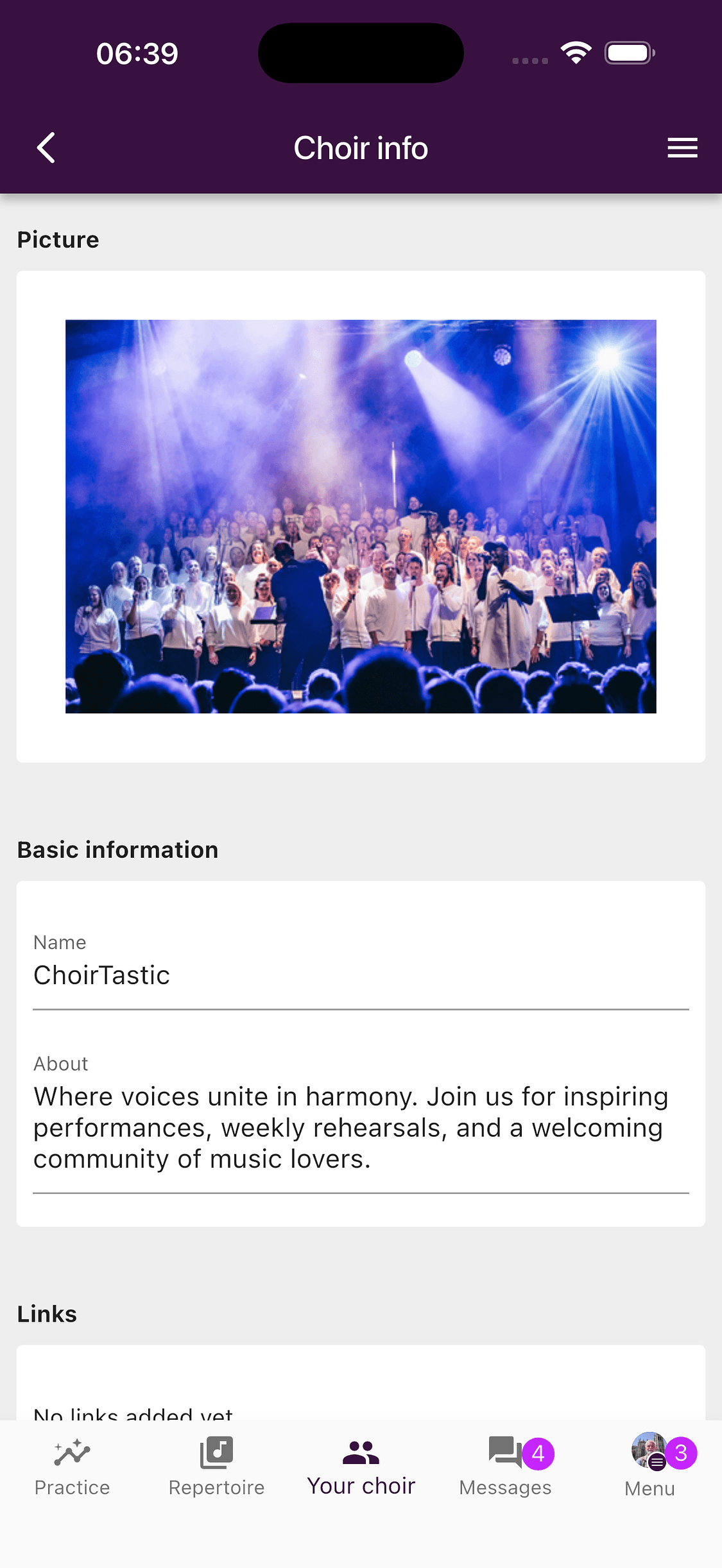 The Choir info editor with the choir picture, name, and description