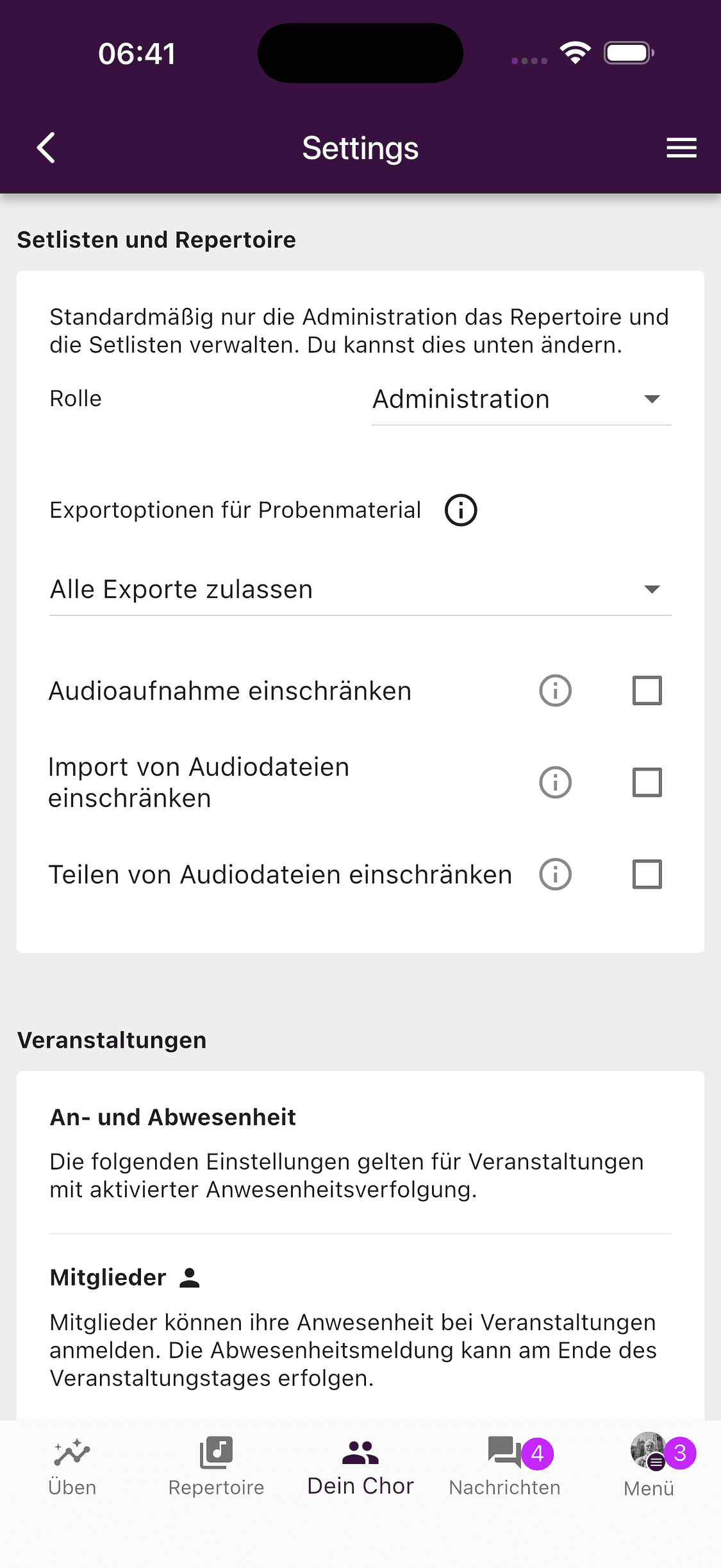 Choreinstellungen für Repertoireberechtigungen, Audio und Anwesenheit