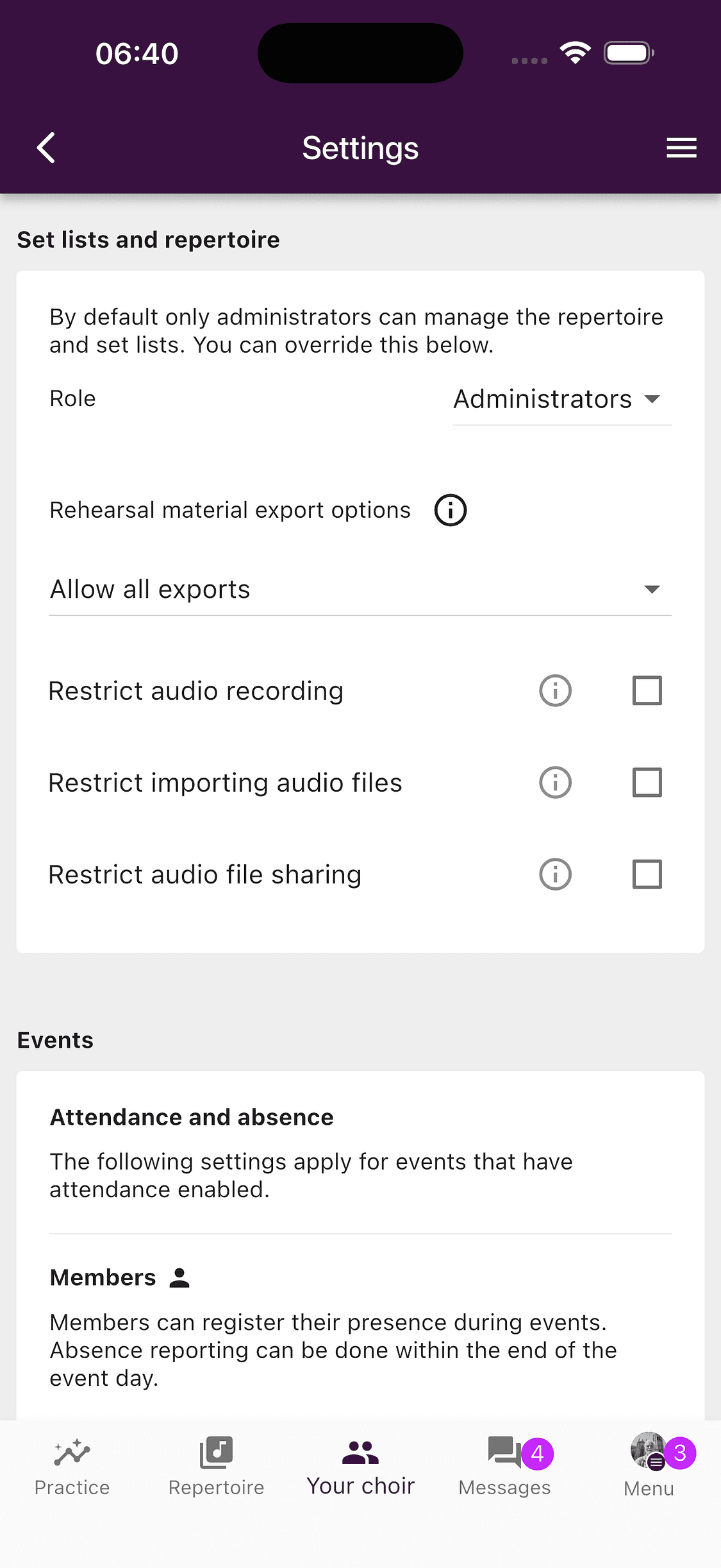 Choir settings for repertoire permissions, audio, and attendance