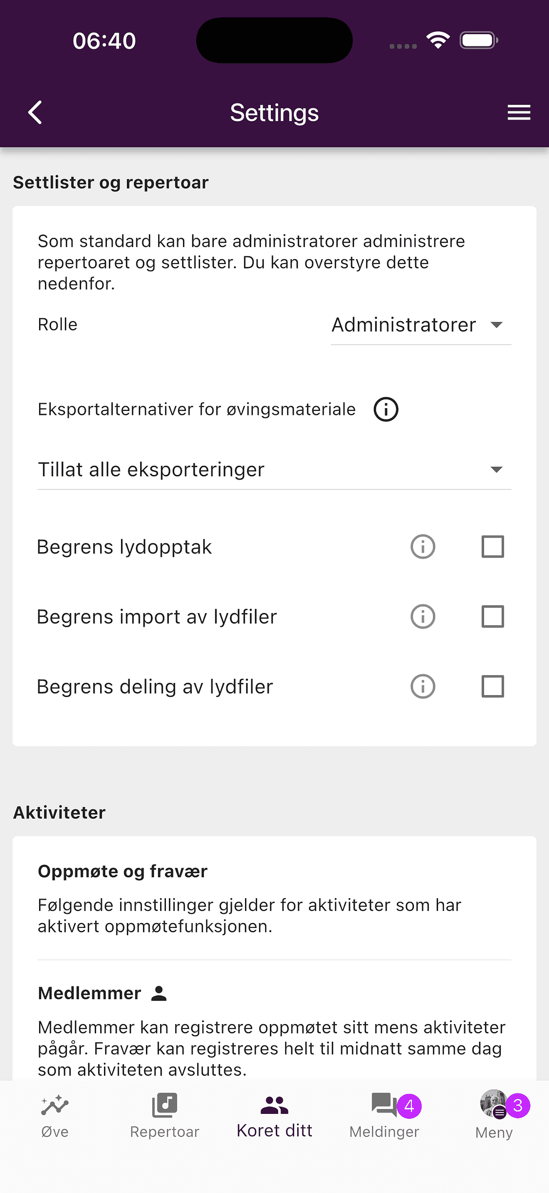 Korinnstillinger for repertoartilganger, lyd og oppmøte