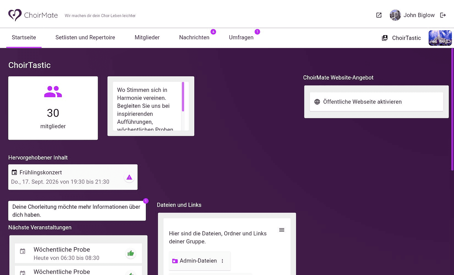Startseite des Chors in ChoirMate im Web